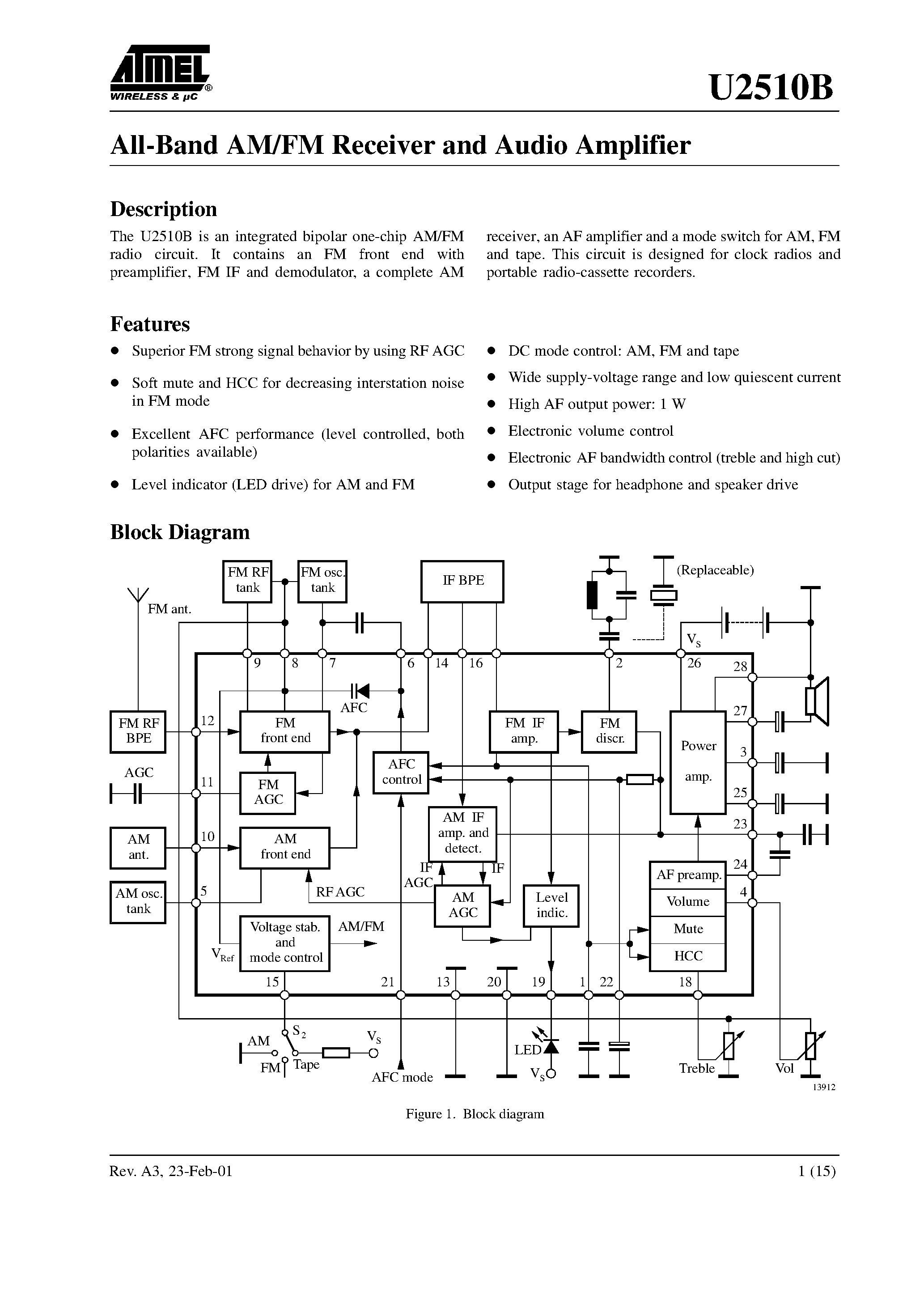 Даташит U2510B-M - All-Band AM/FM Receiver and Audio Amplifier страница 1