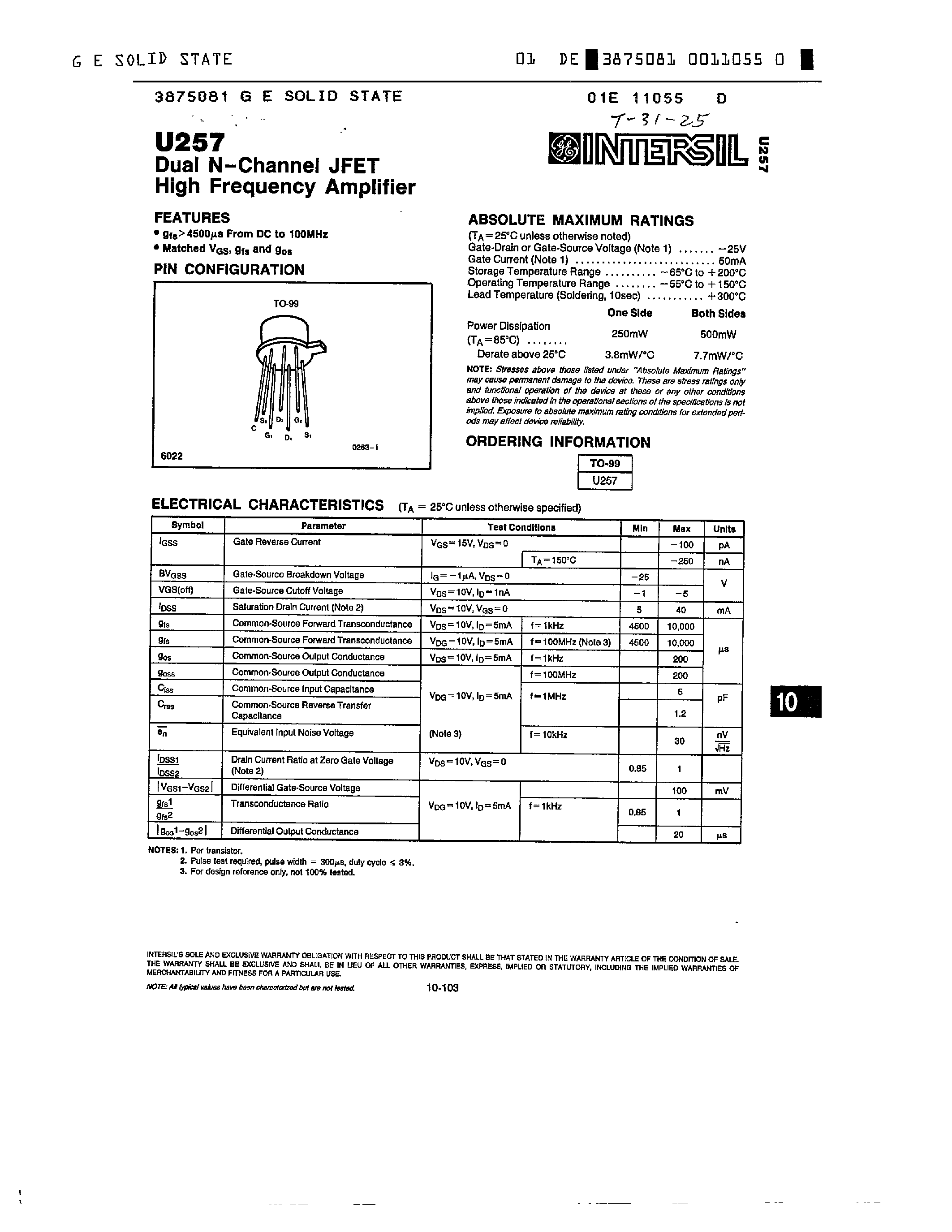 Datasheet U257 page 1 Datasheet U257 - DUAL N-CHANNEL JFET HIGH FREQUENCY AMPLIFIER page 1