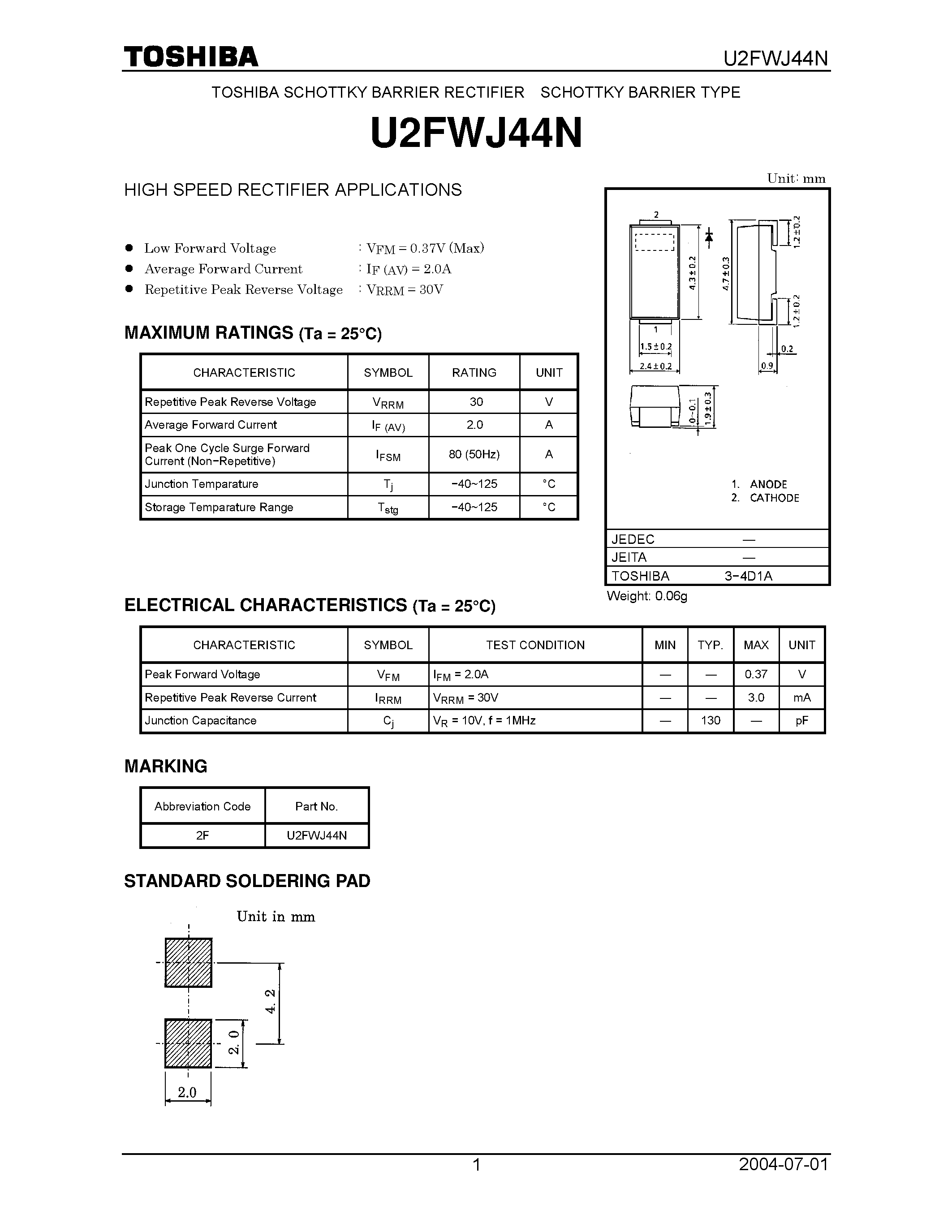 Datasheet U2FWJ44N page 1 Datasheet U2FWJ44N - HIGH SPEED RECTIFIER APPLICATIONS page 1