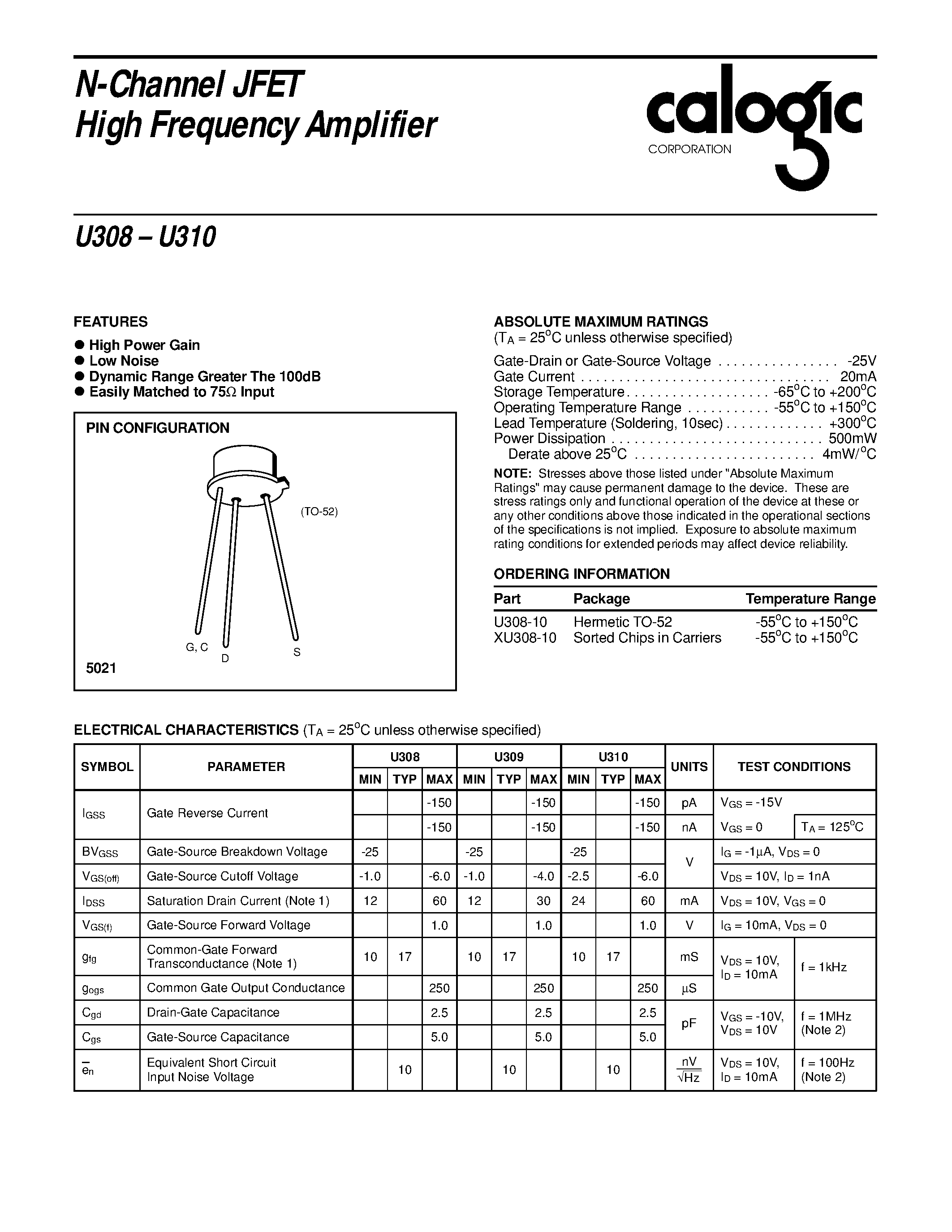 Datasheet U308 - N-Channel JFET High Frequency Amplifier page 1