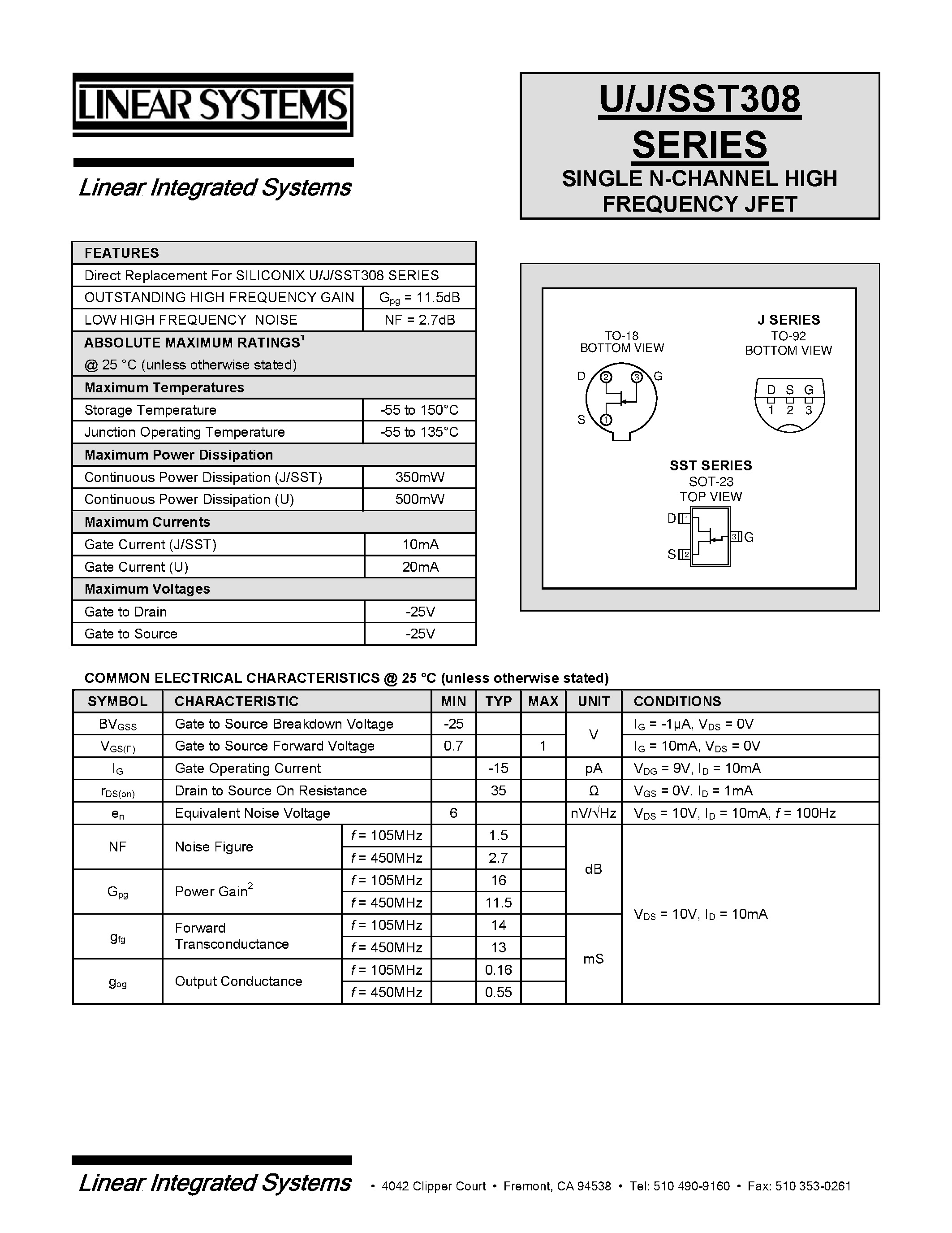 Datasheet U309 - SINGLE N-CHANNEL HIGH FREQUENCY JFET page 1