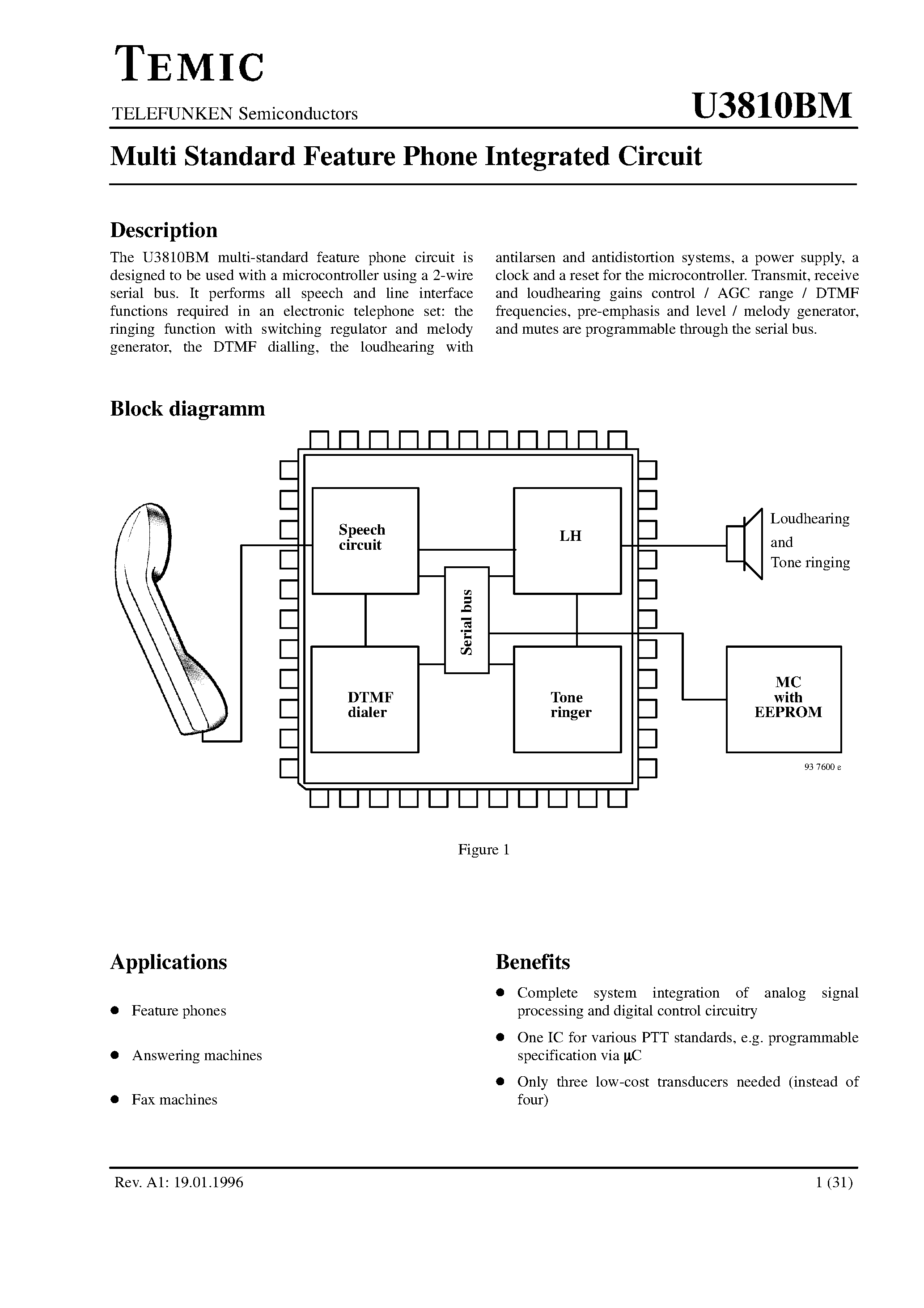 Даташит на микросхему U3810BM страница 1 Даташит U3810BM - Multi Standard Feature Phone Integrated Circuit страница 1