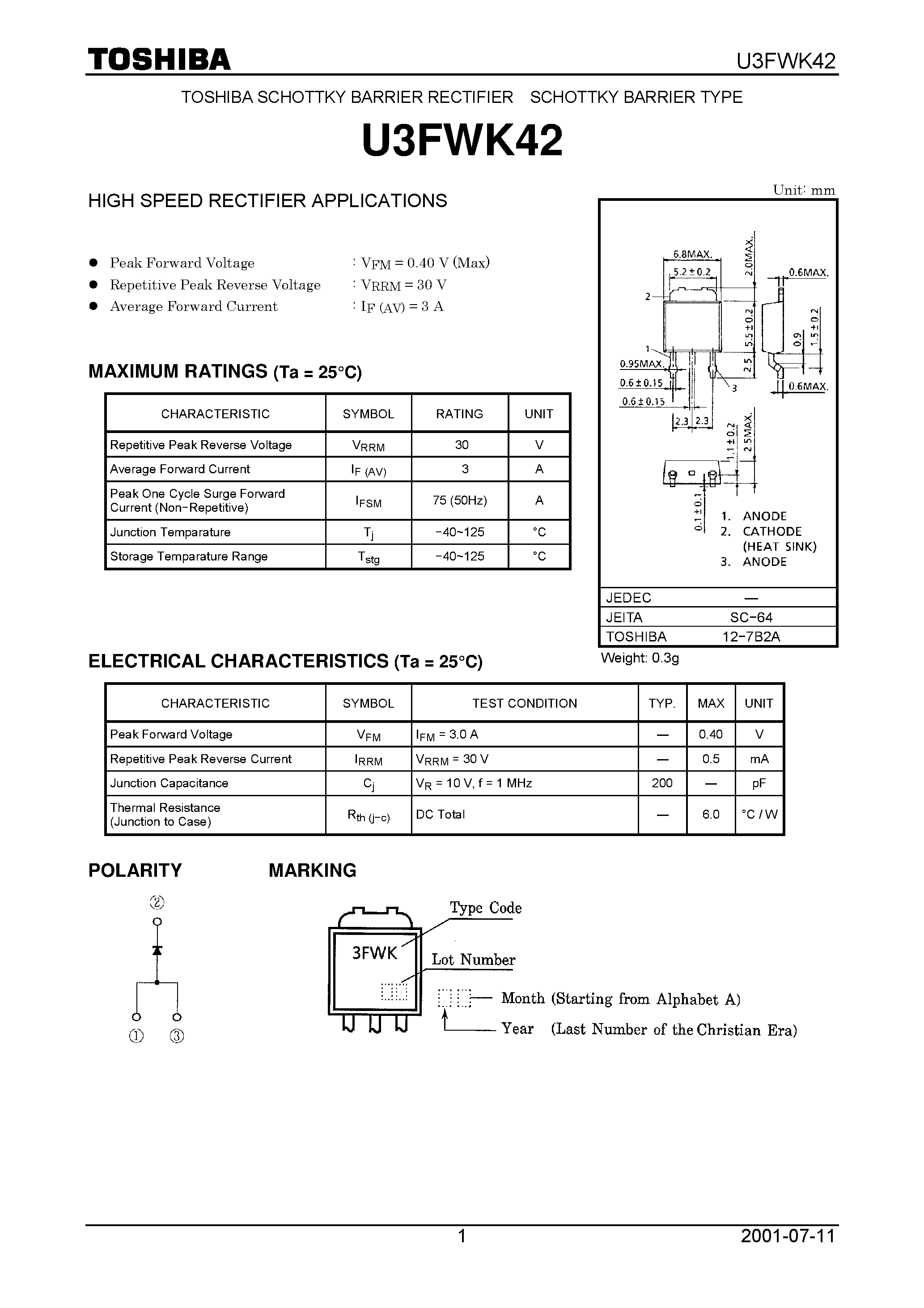 Datasheet U3FWK42 - TOSHIBA SCHOTTKY BARRIER RECTIFIER SCHOTTKY BARRIER TYPE page 1