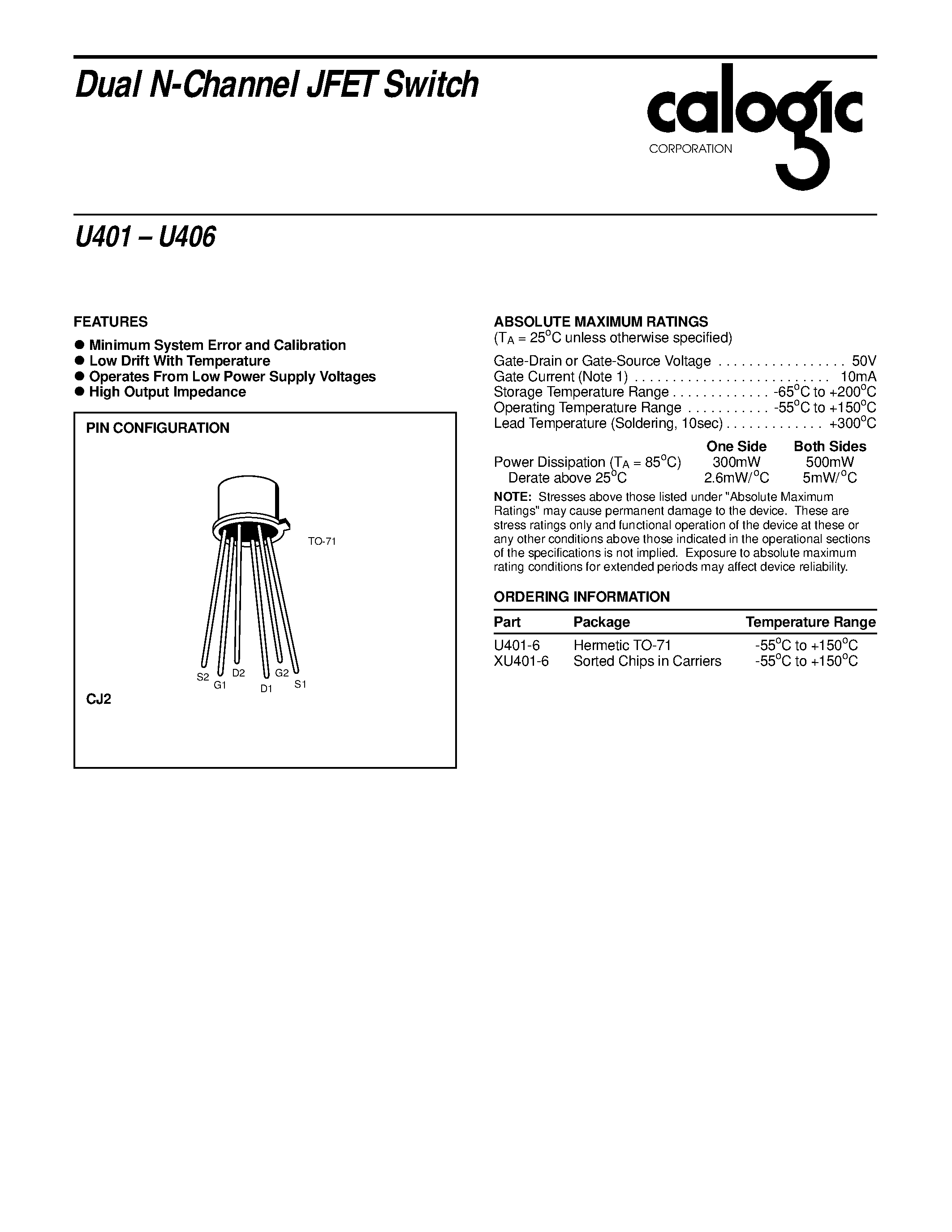 Datasheet U401 - Dual N-Channel JFET Switch page 1