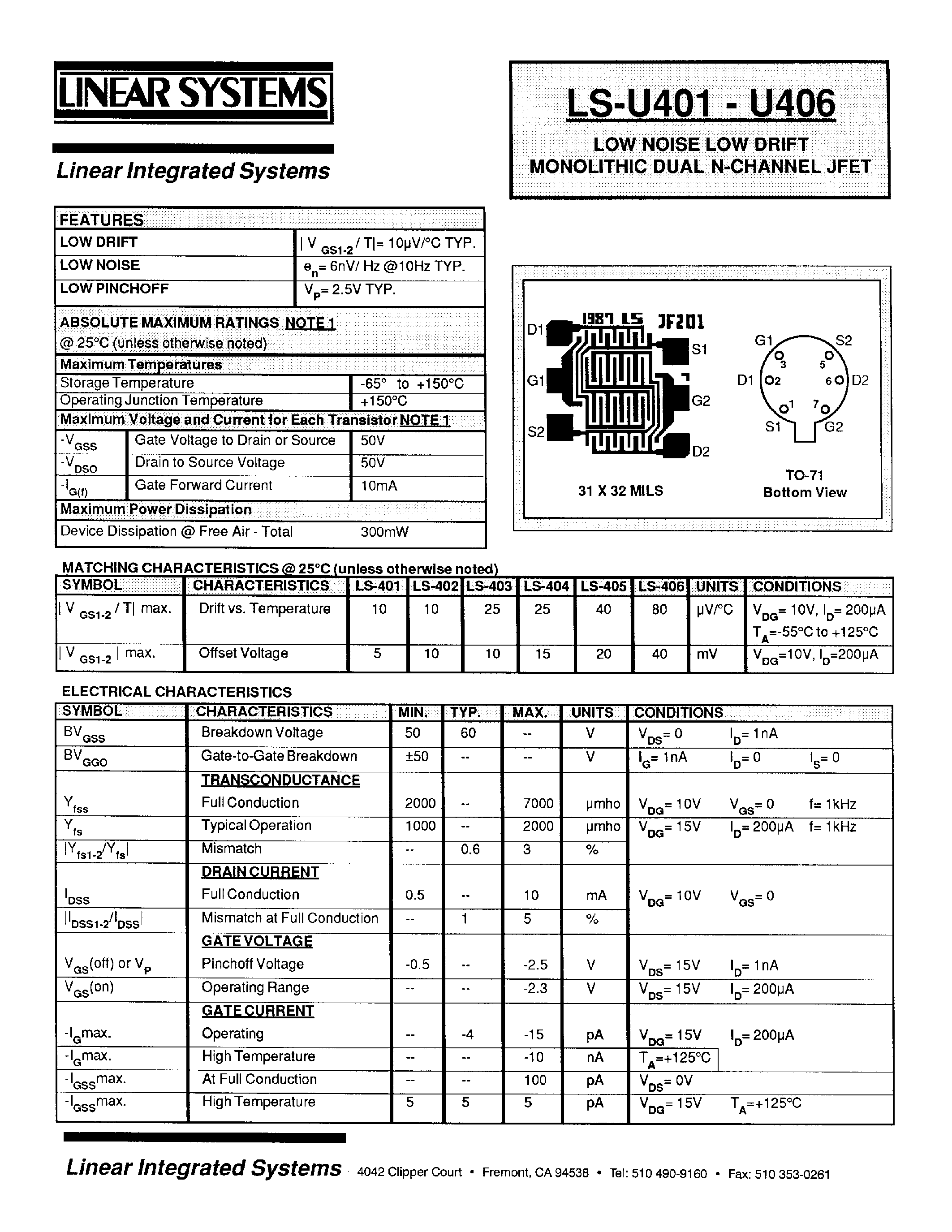 Datasheet U405 page 1 Datasheet U405 - LOW NOISE LOW DRIFT MONOLITHIC DUAL N CHANNEL JFET page 1