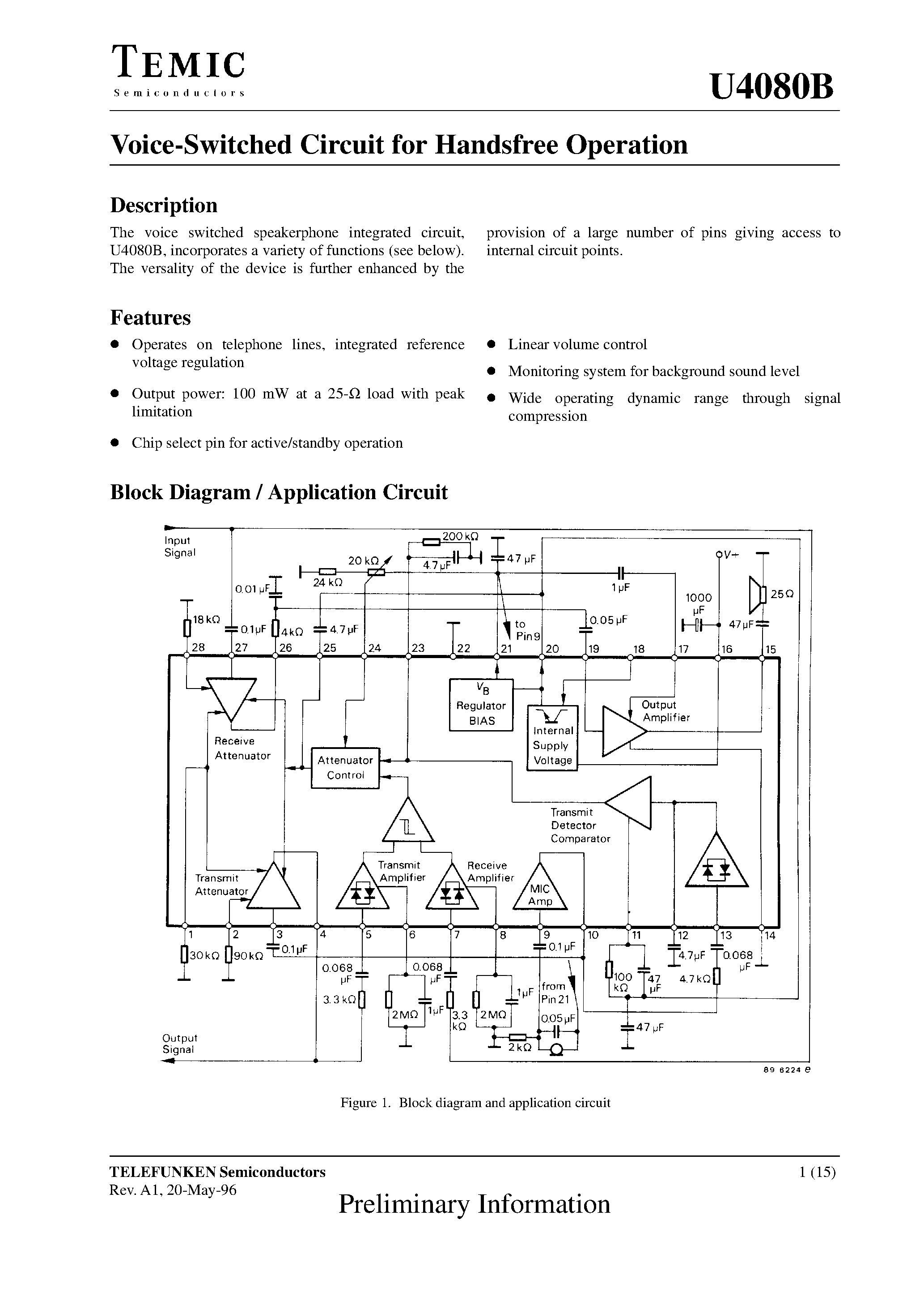 Datasheet U4080B page 1 Datasheet U4080B - Voice-Switched Circuit for Handsfree Operation page 1