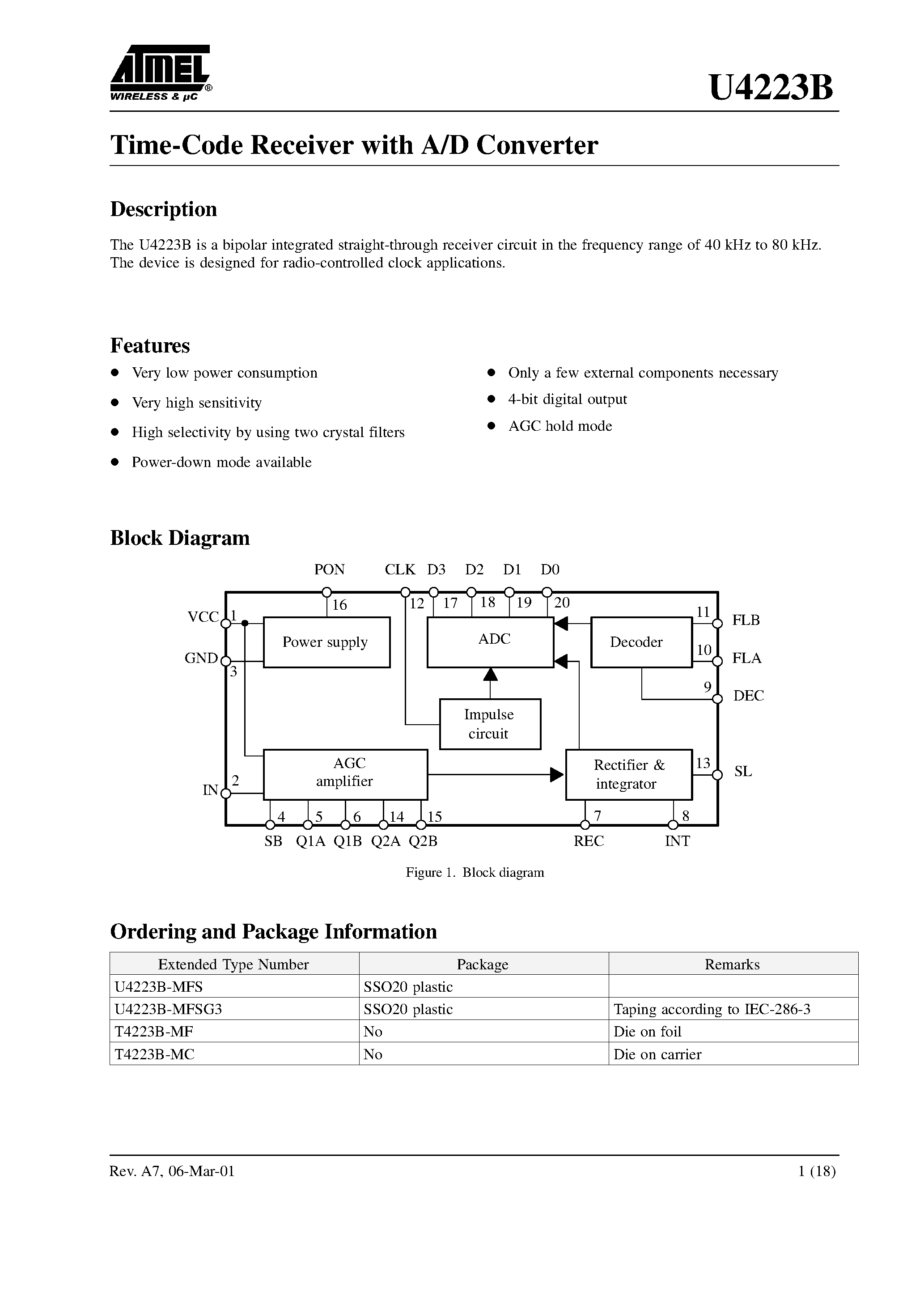 Datasheet U4223B - Time-Code Receiver with A/D Converter page 1