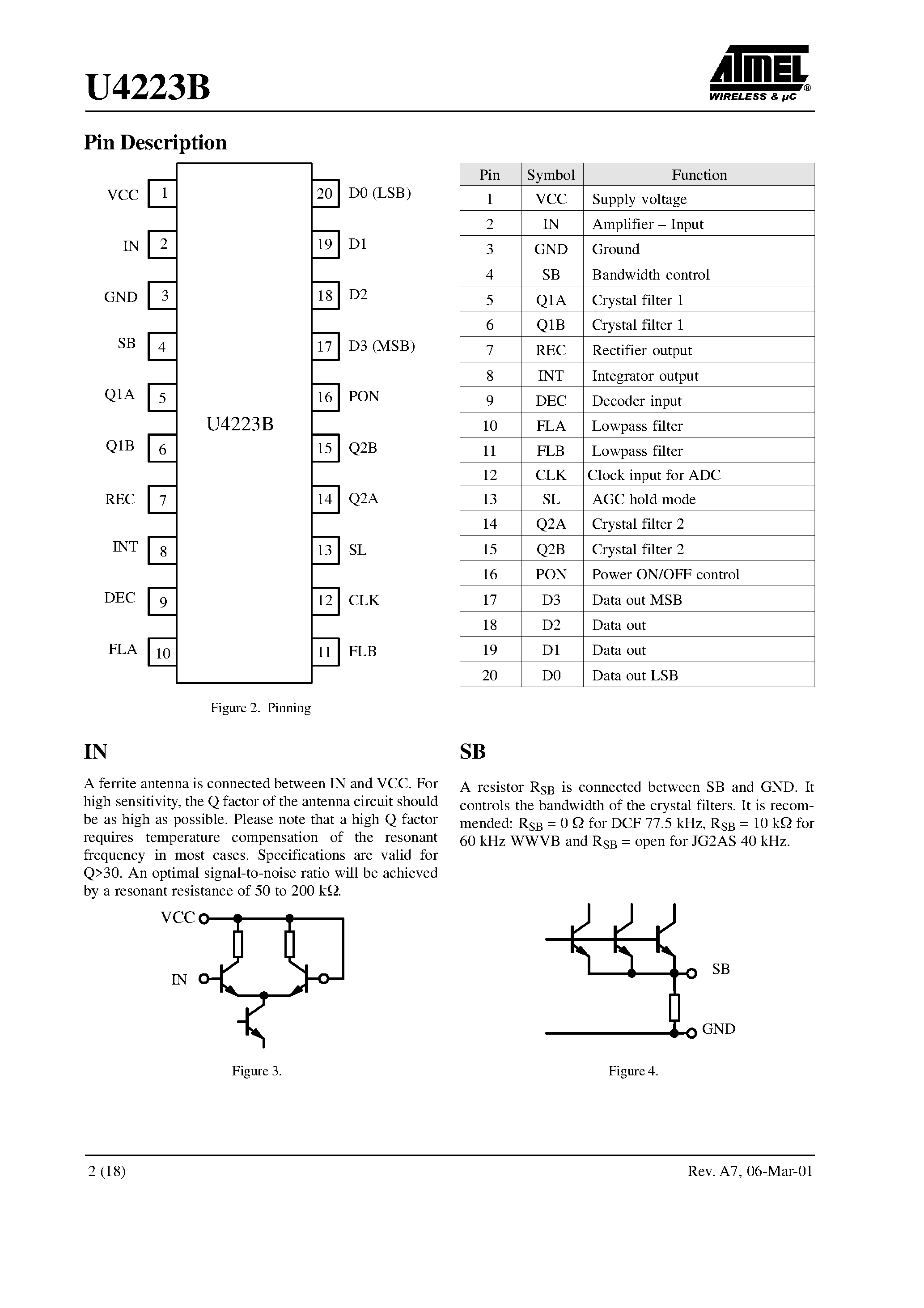 Datasheet U4223B - Time-Code Receiver with A/D Converter page 2