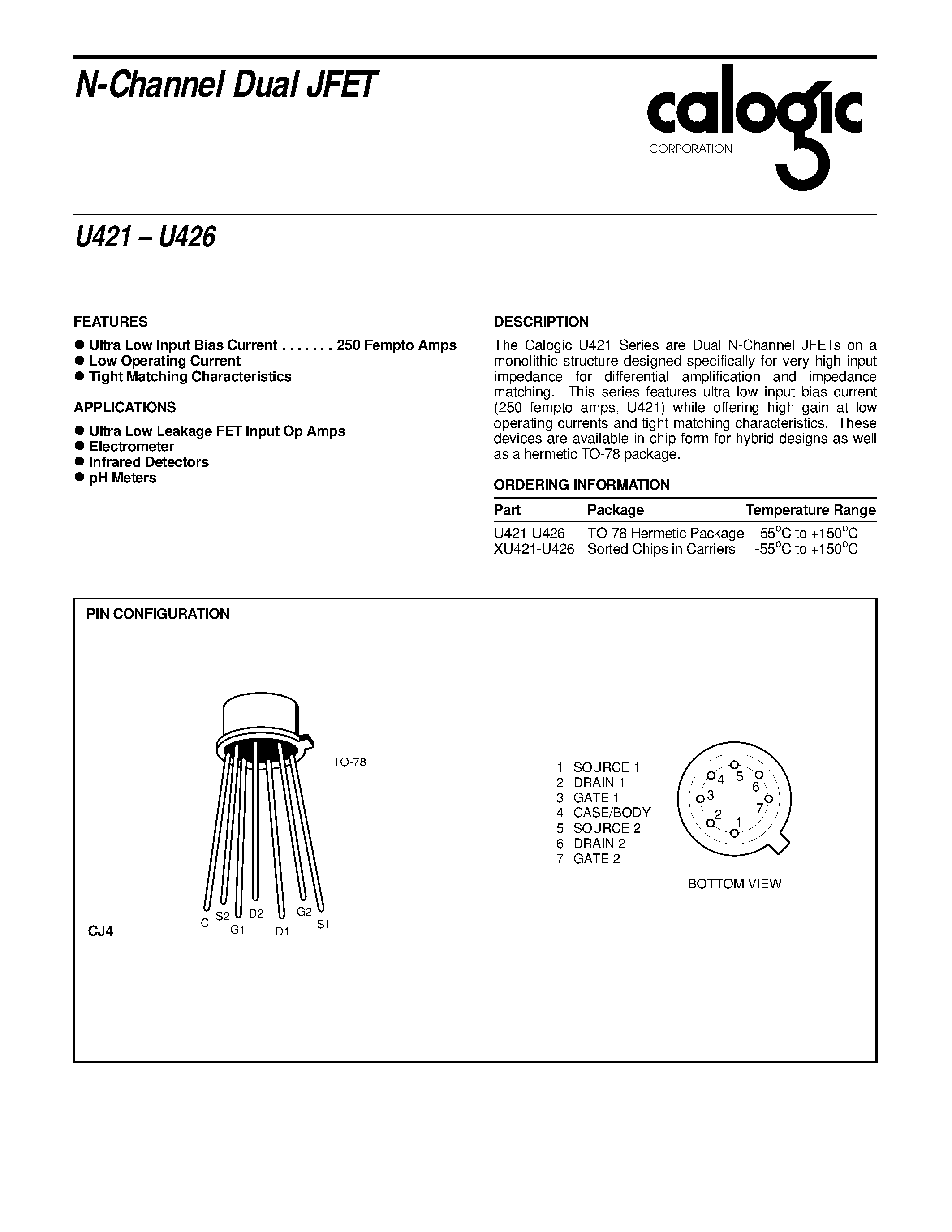 Datasheet U426 page 1 Datasheet U426 - N-Channel Dual JFET page 1