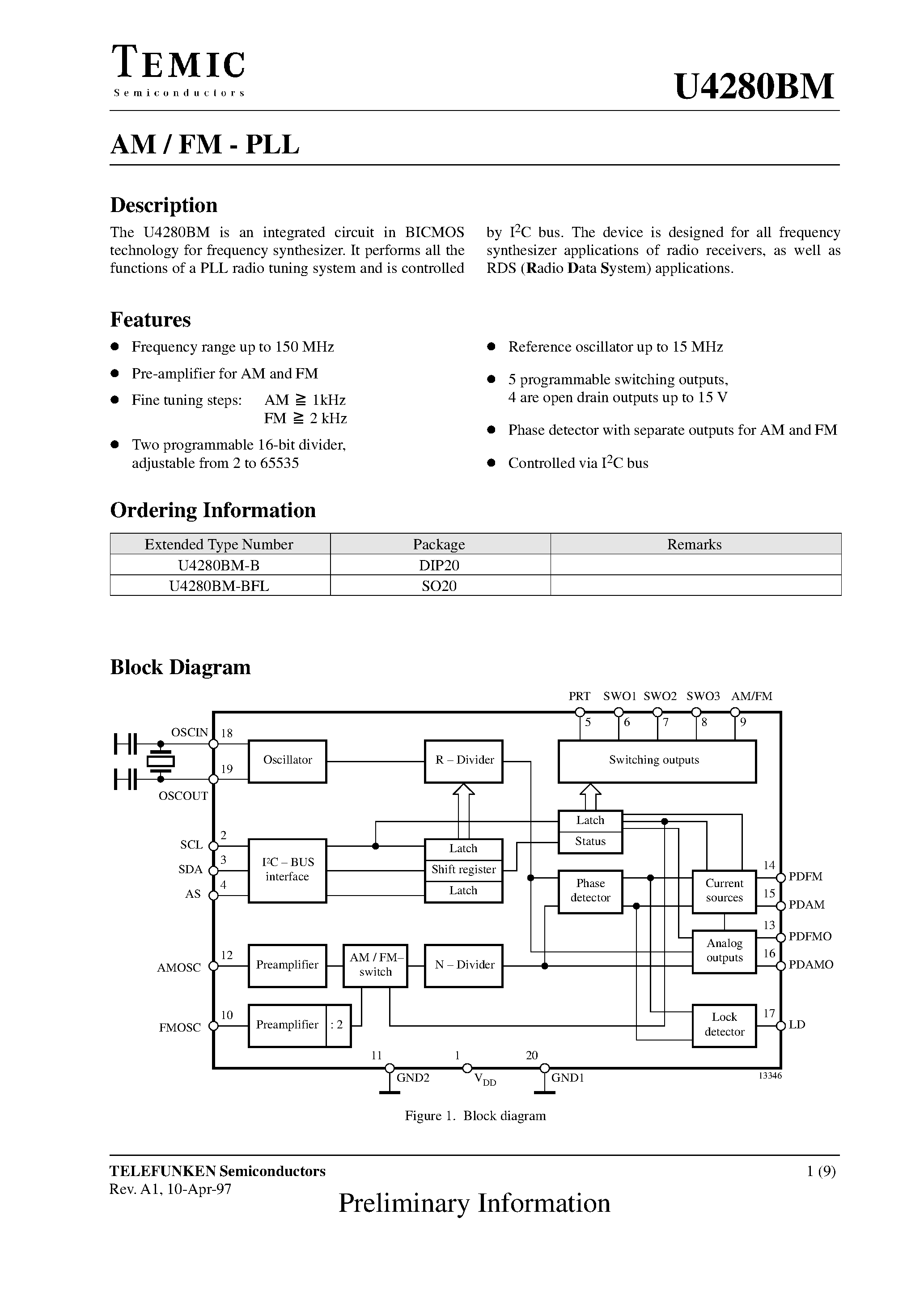Datasheet U4280BM-B page 1 Datasheet U4280BM-B - AM / FM - PLL page 1