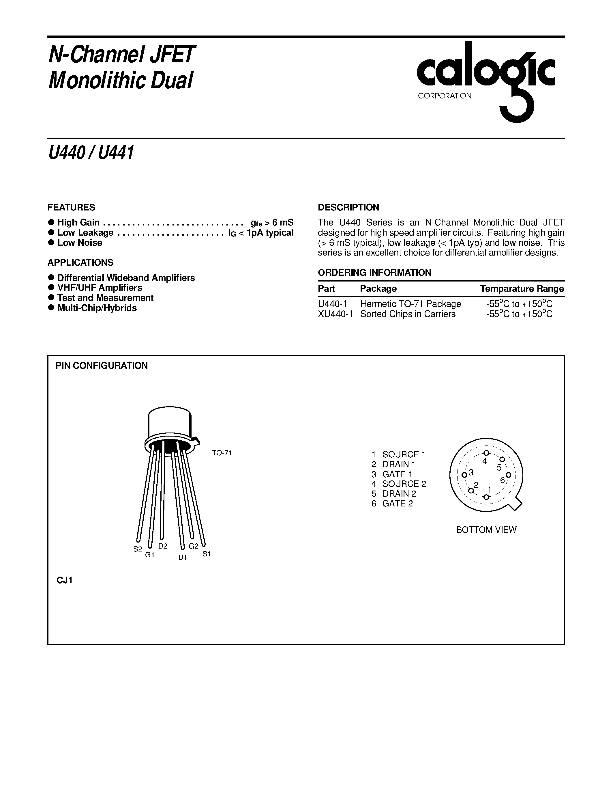 Datasheet U441 page 1 Datasheet U441 - N-Channel JFET Monolithic Dual page 1