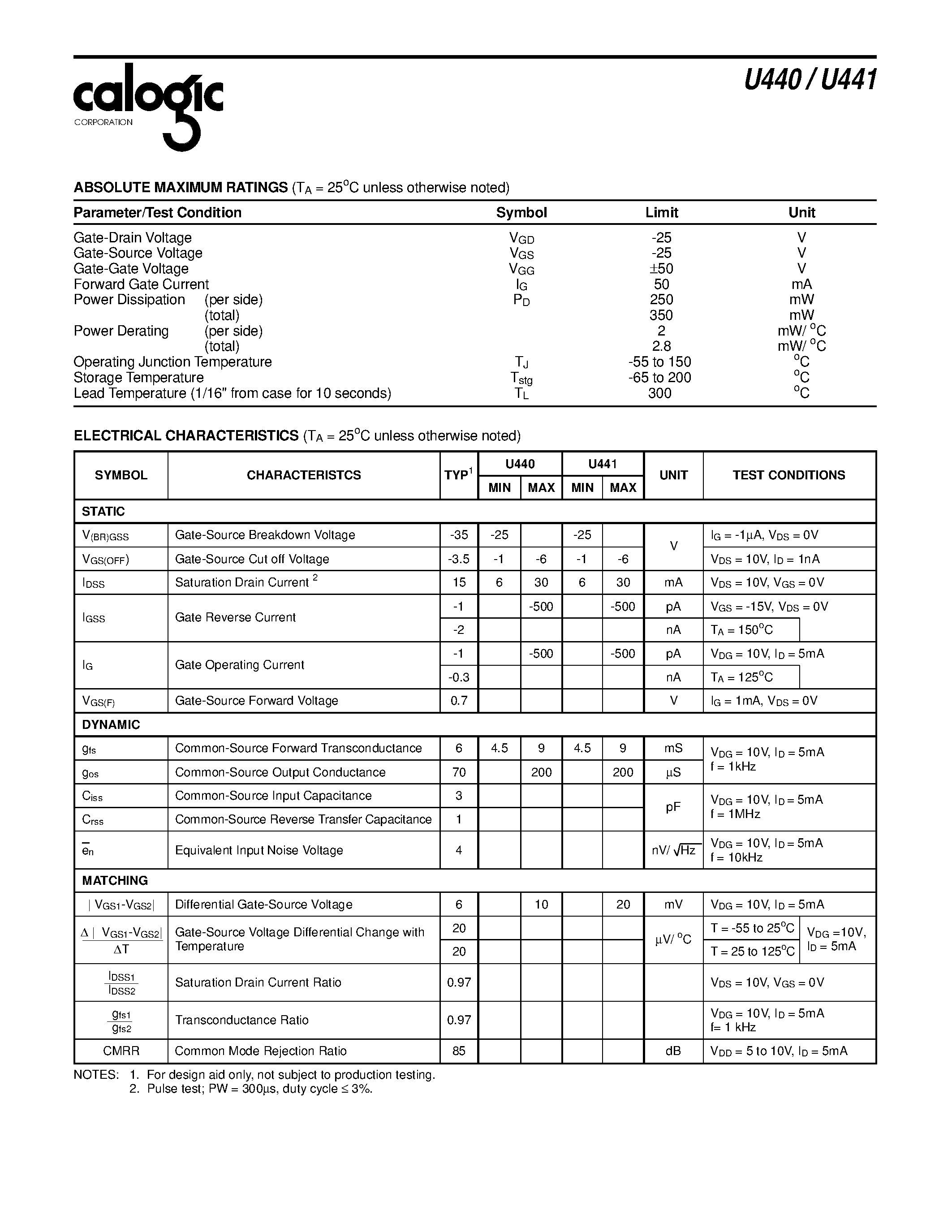 Datasheet U441 page 2 Datasheet U441 - N-Channel JFET Monolithic Dual page 2