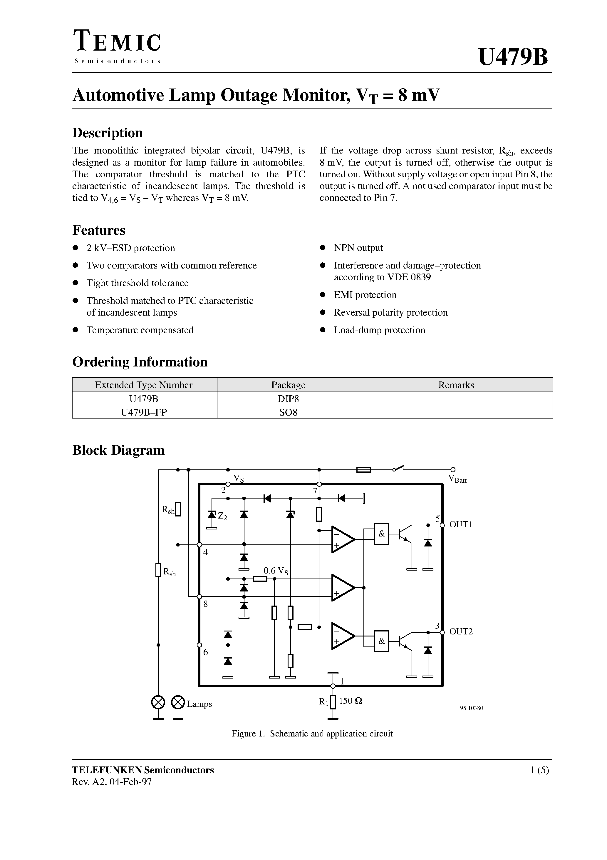 Даташит U479B - Automotive Lamp Outage Monitor/ VT = 8 mV страница 1