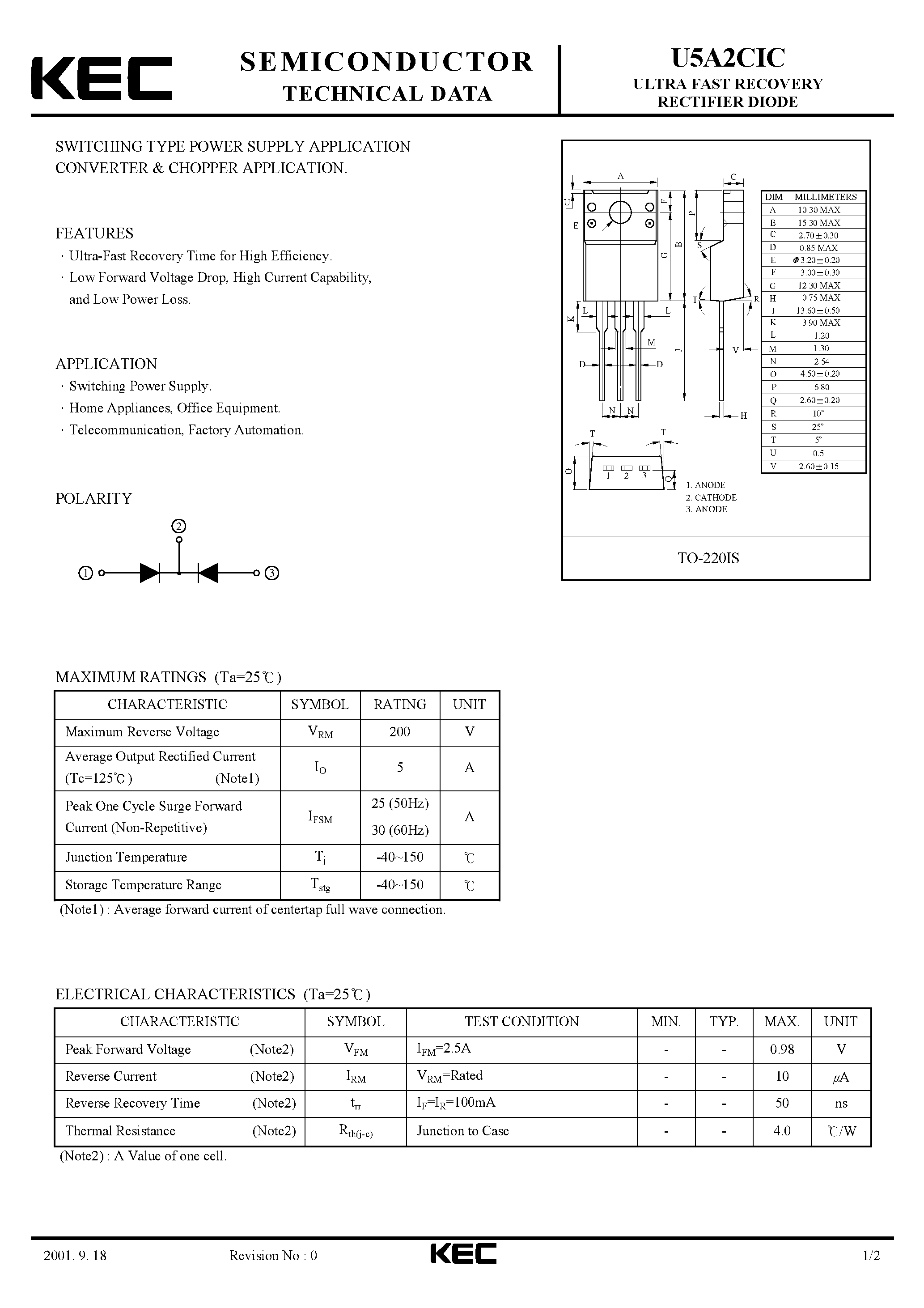 Datasheet U5A2CIC - ULTRA FAST RECOVERY RECTIFIER DIODE (SWITCHING TYPE POWER SUPPLY CONVERTER & CHOPPER) page 1