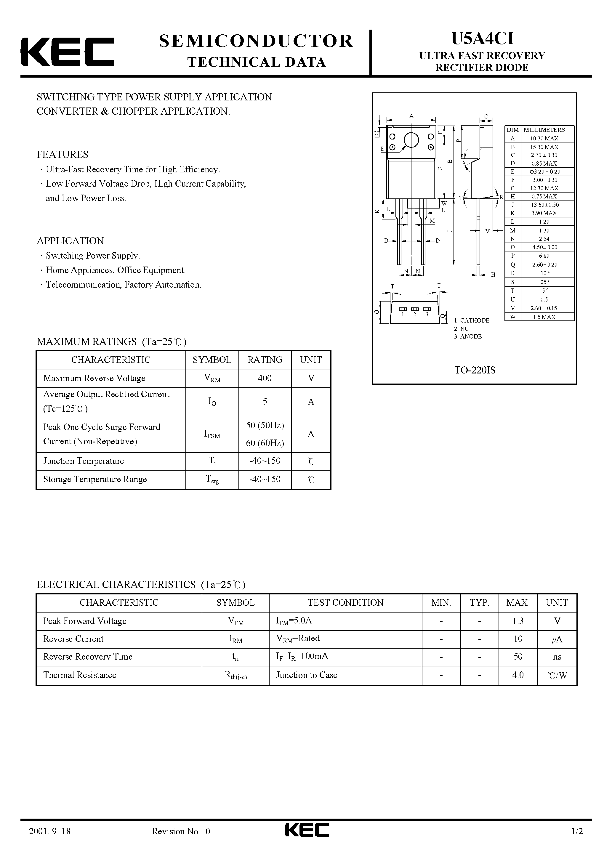 Datasheet U5A4CI - ULTRA FAST RECOVERY RECTIFIER DIODE (SWITCHING TYPE POWER SUPPLY CONVERTER & CHOPPER) page 1