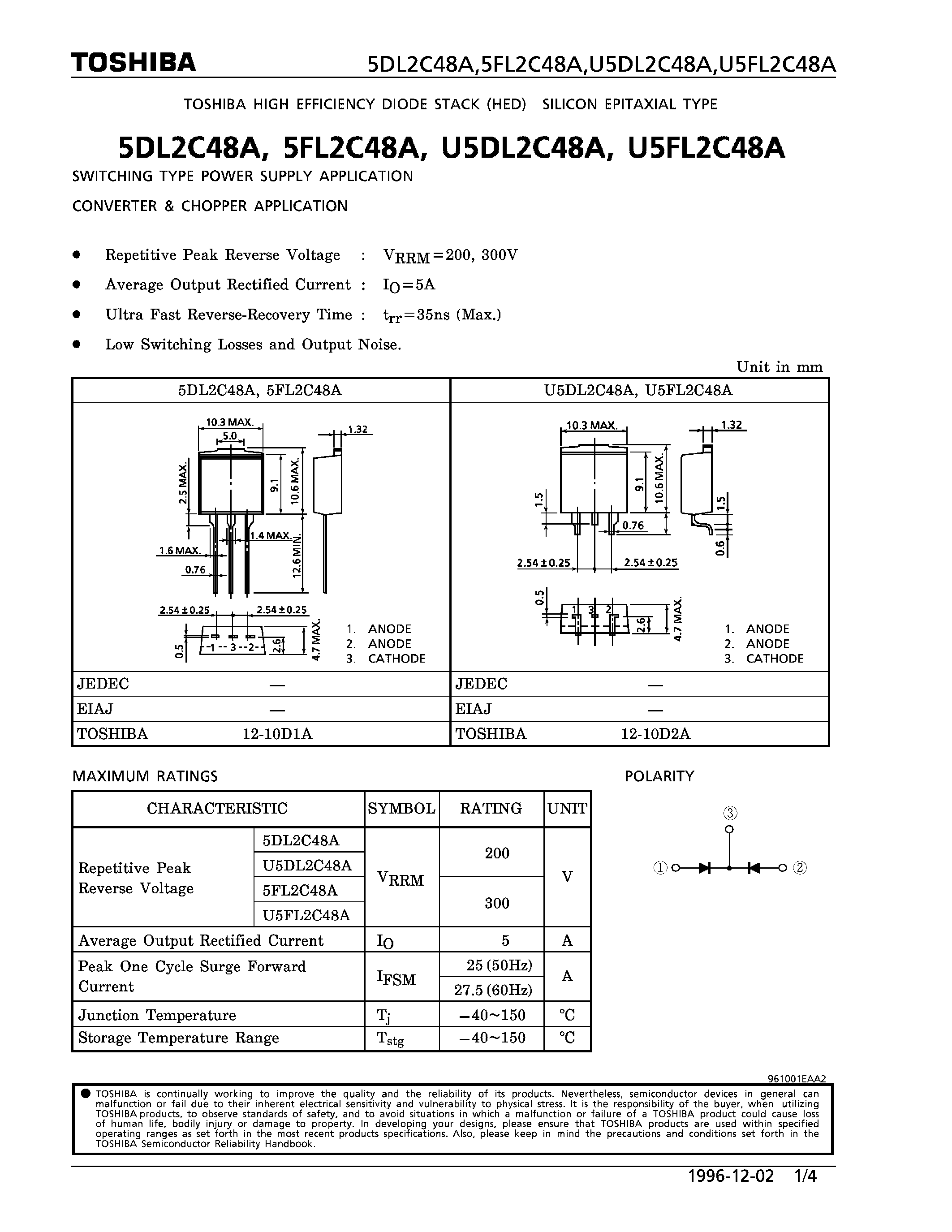 Datasheet U5DL2C48A page 1 Datasheet U5DL2C48A - HIGH EFFICIENCY DIODE (SWITCHING TYPE POWER SUPPLY/ CONVERTER & CHOPPER APPLICATIONS) page 1