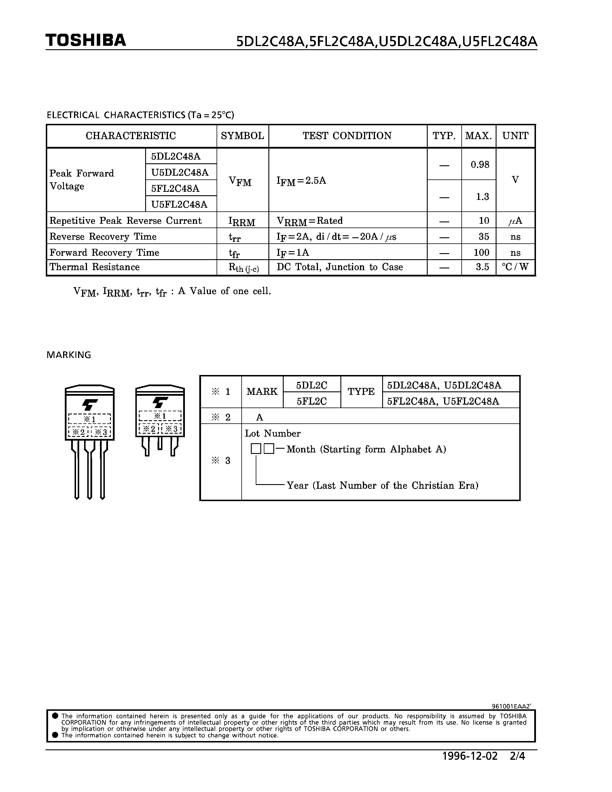 Datasheet U5DL2C48A page 2 Datasheet U5DL2C48A - HIGH EFFICIENCY DIODE (SWITCHING TYPE POWER SUPPLY/ CONVERTER & CHOPPER APPLICATIONS) page 2