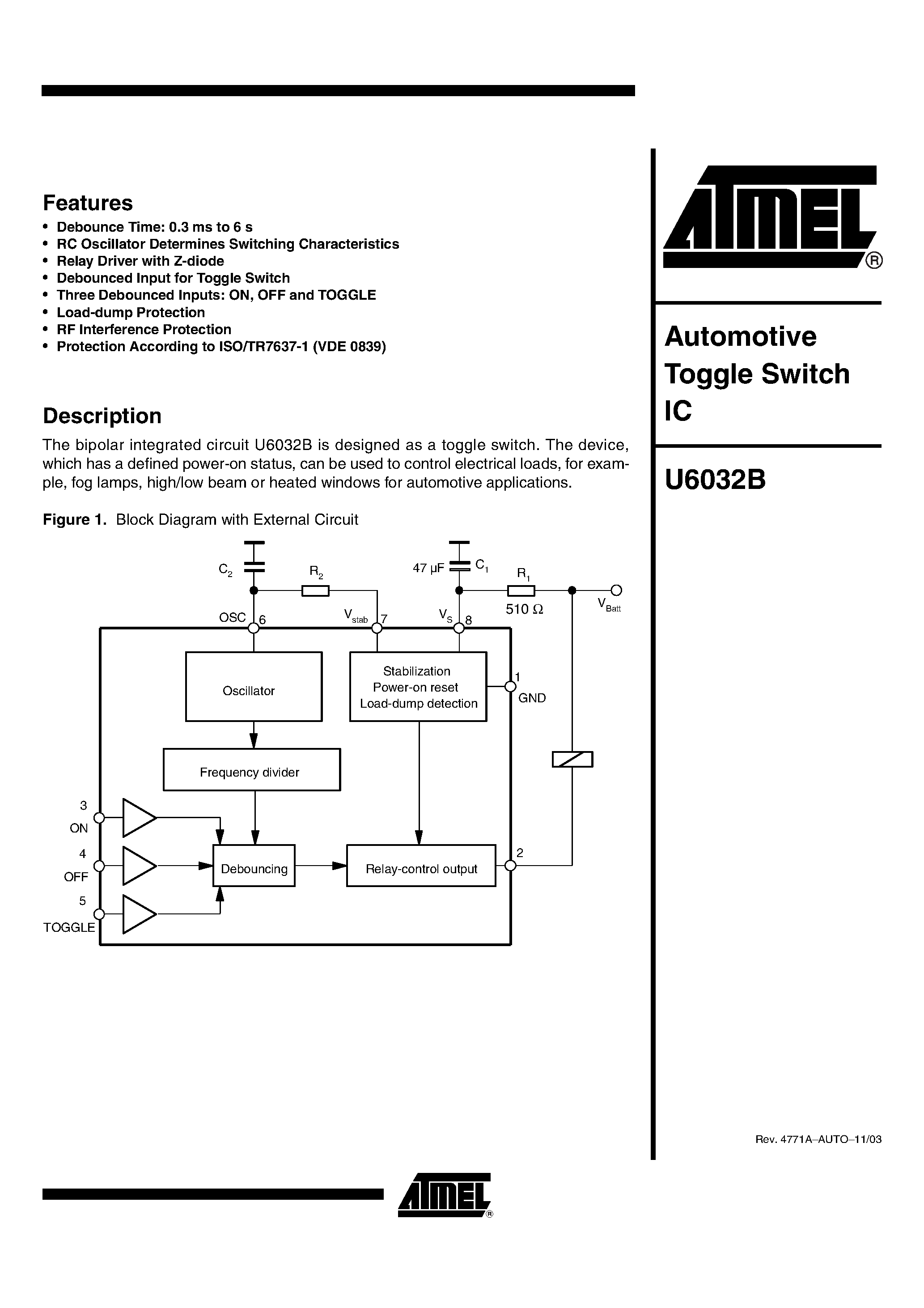 Datasheet U6032B-FP page 1 Datasheet U6032B-FP - AUTOMOTIVE TOGGLE SWITCH IC page 1
