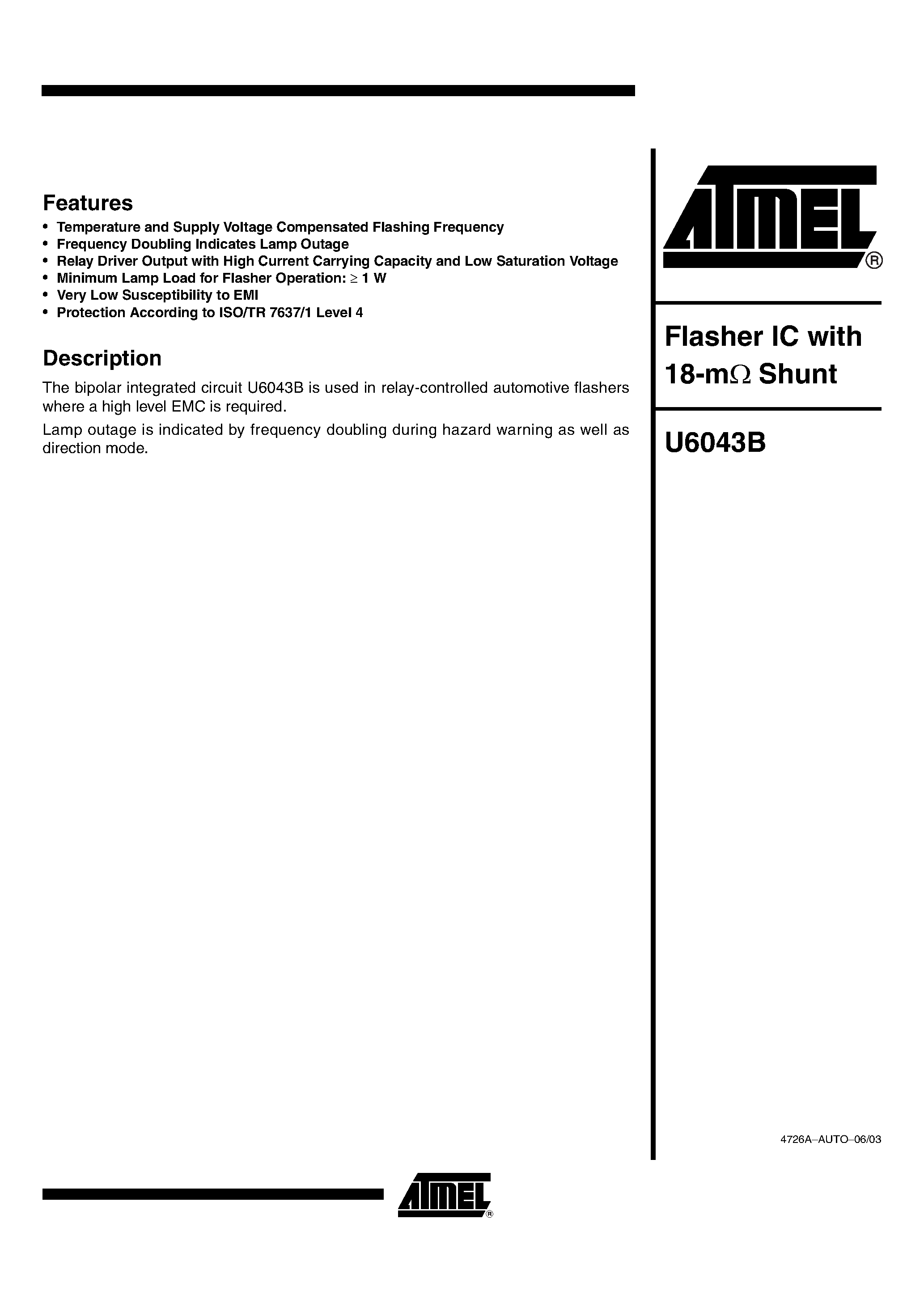 Datasheet U6043B-FP - FLASHER IC WITH 19-M SHUNT page 1