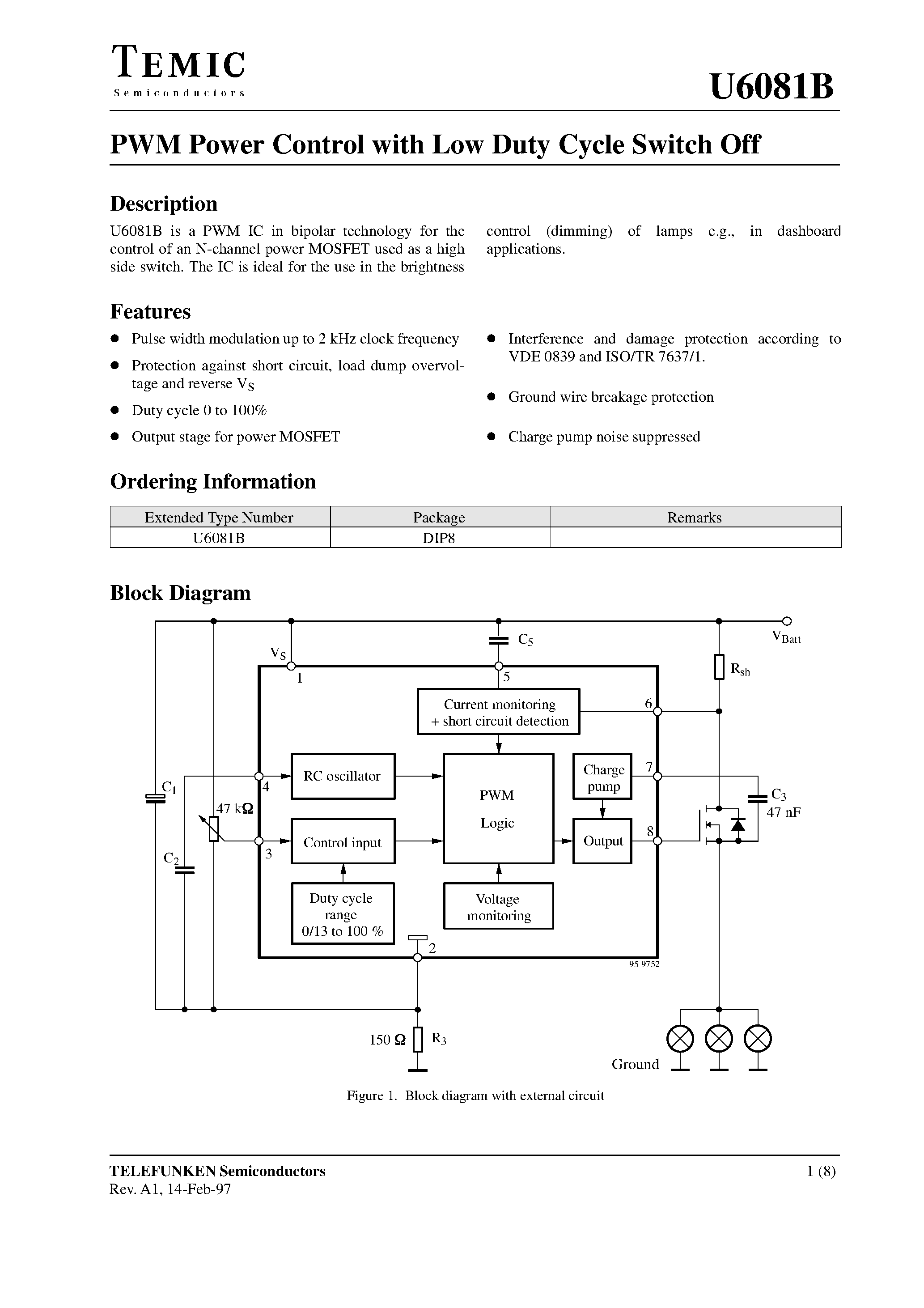 Datasheet U6081B - PWM Power Control with Low Duty Cycle Switch Off page 1
