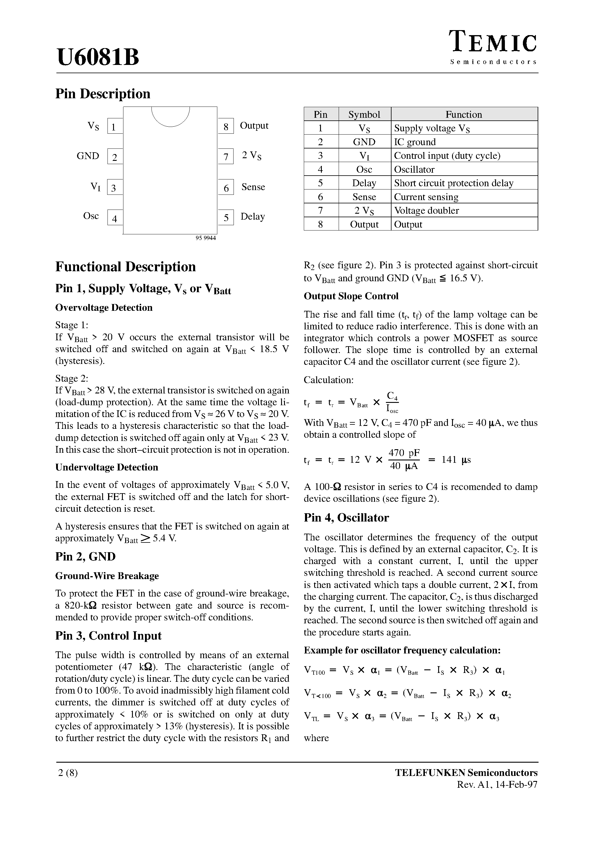 Datasheet U6081B - PWM Power Control with Low Duty Cycle Switch Off page 2