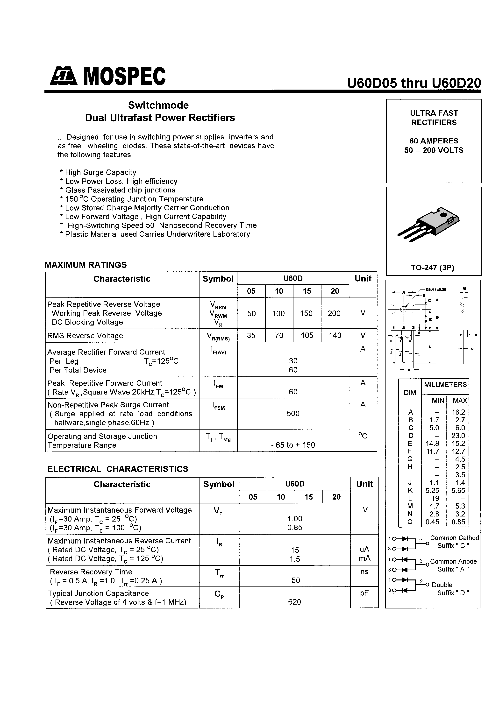 Datasheet U60D10 - POWER RECTIFIERS(60A/50-200V) page 1