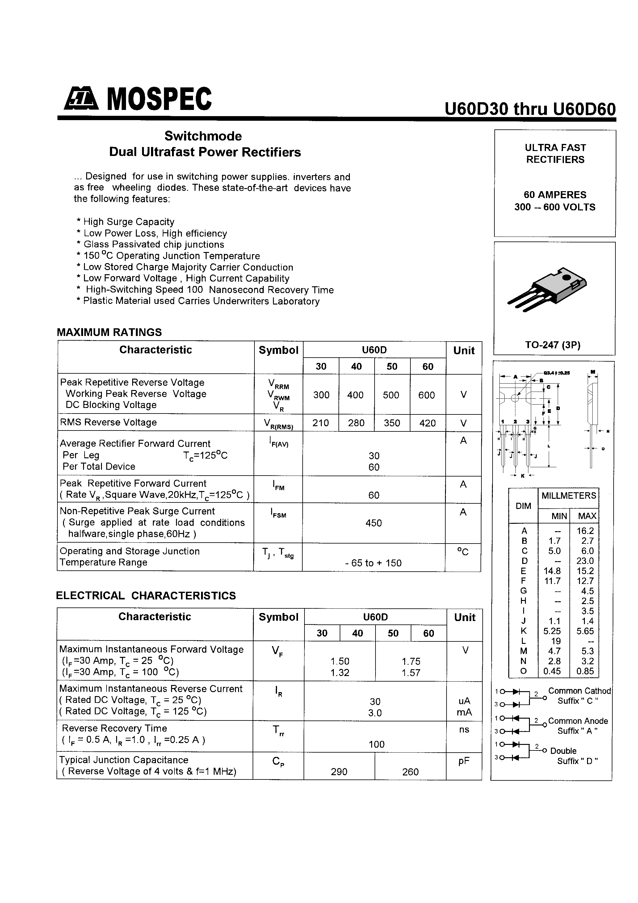 Datasheet U60D60 - POWER RECTIFIERS(60A/300-600V) page 1