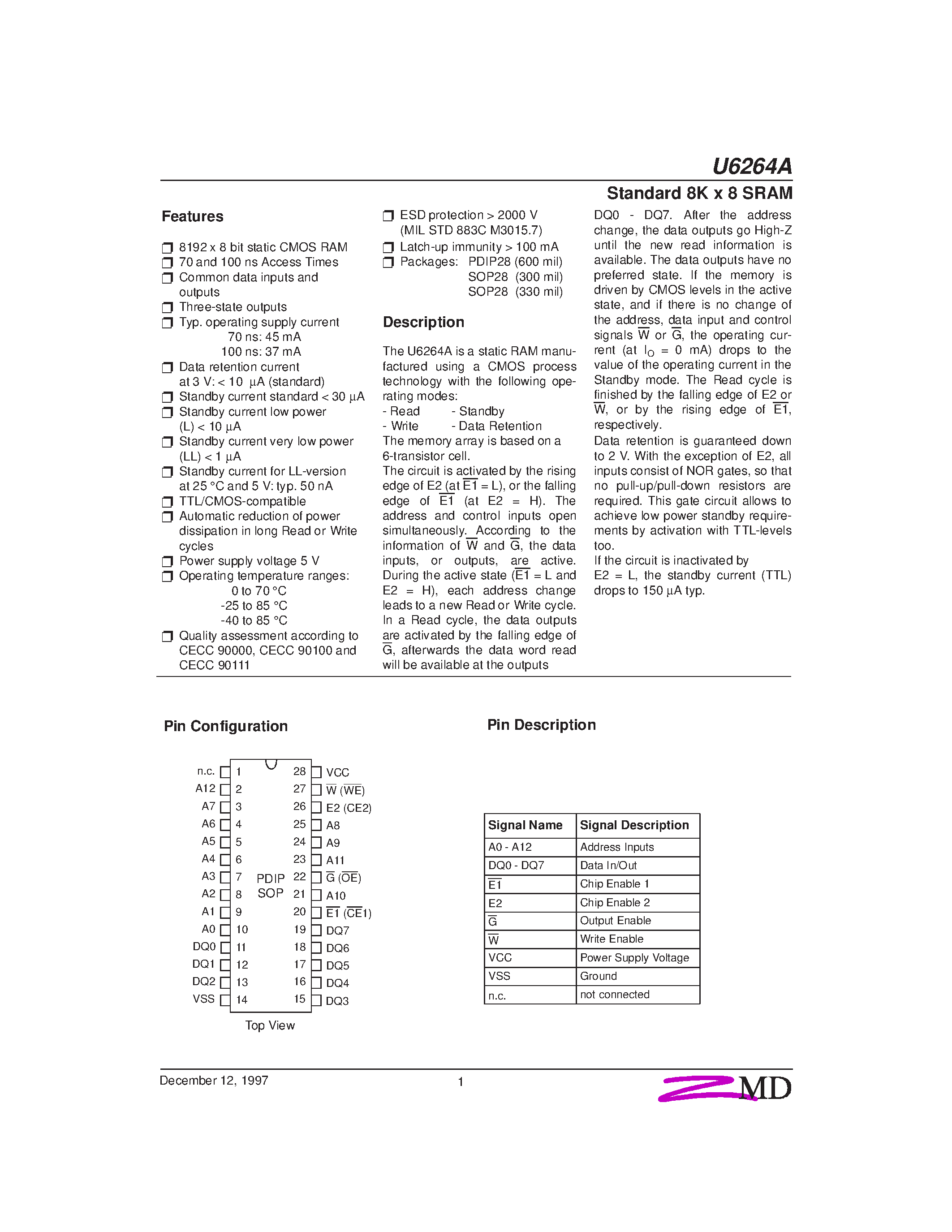 Datasheet U6264A - STANDARD 8K X 8 SRAM page 1