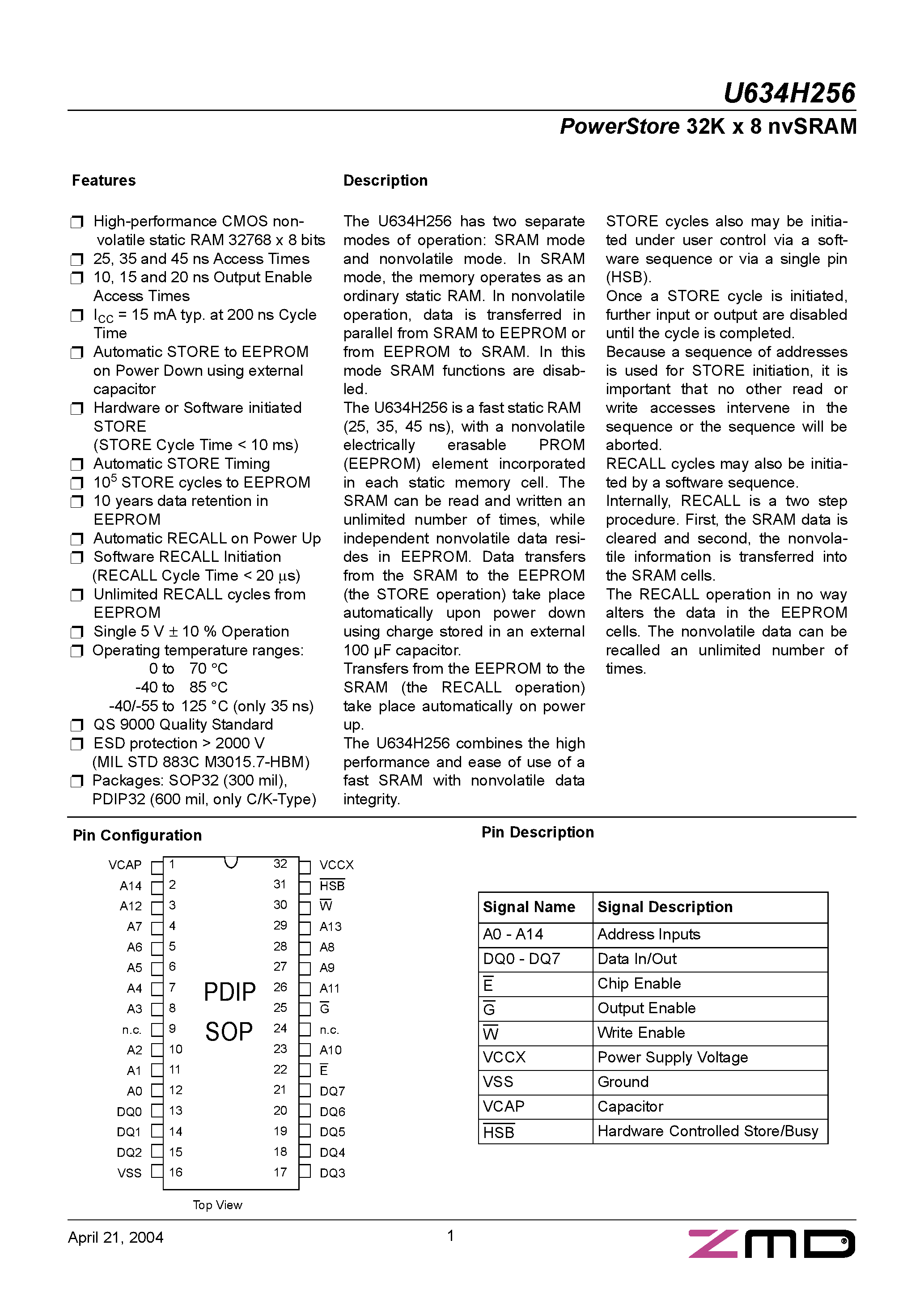Даташит U634H256 - POWERSTORE 32K X 8 NVSRAM страница 1