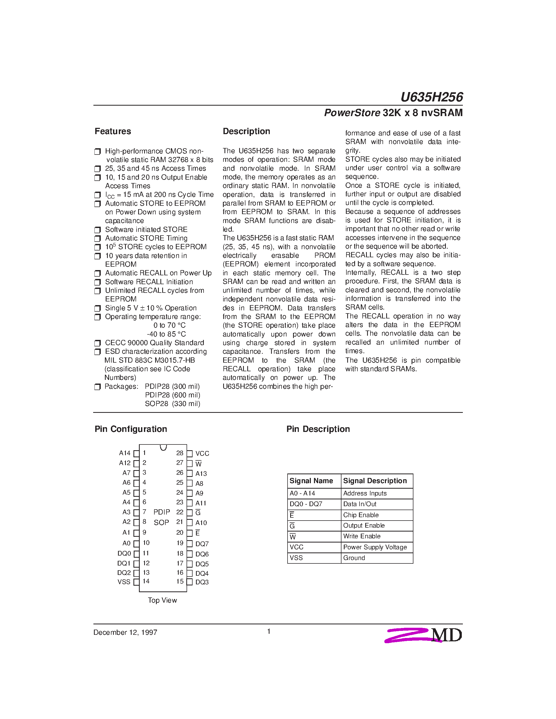 Даташит U635H256 - POWER STORE 32K X 8 NVSRAM страница 1