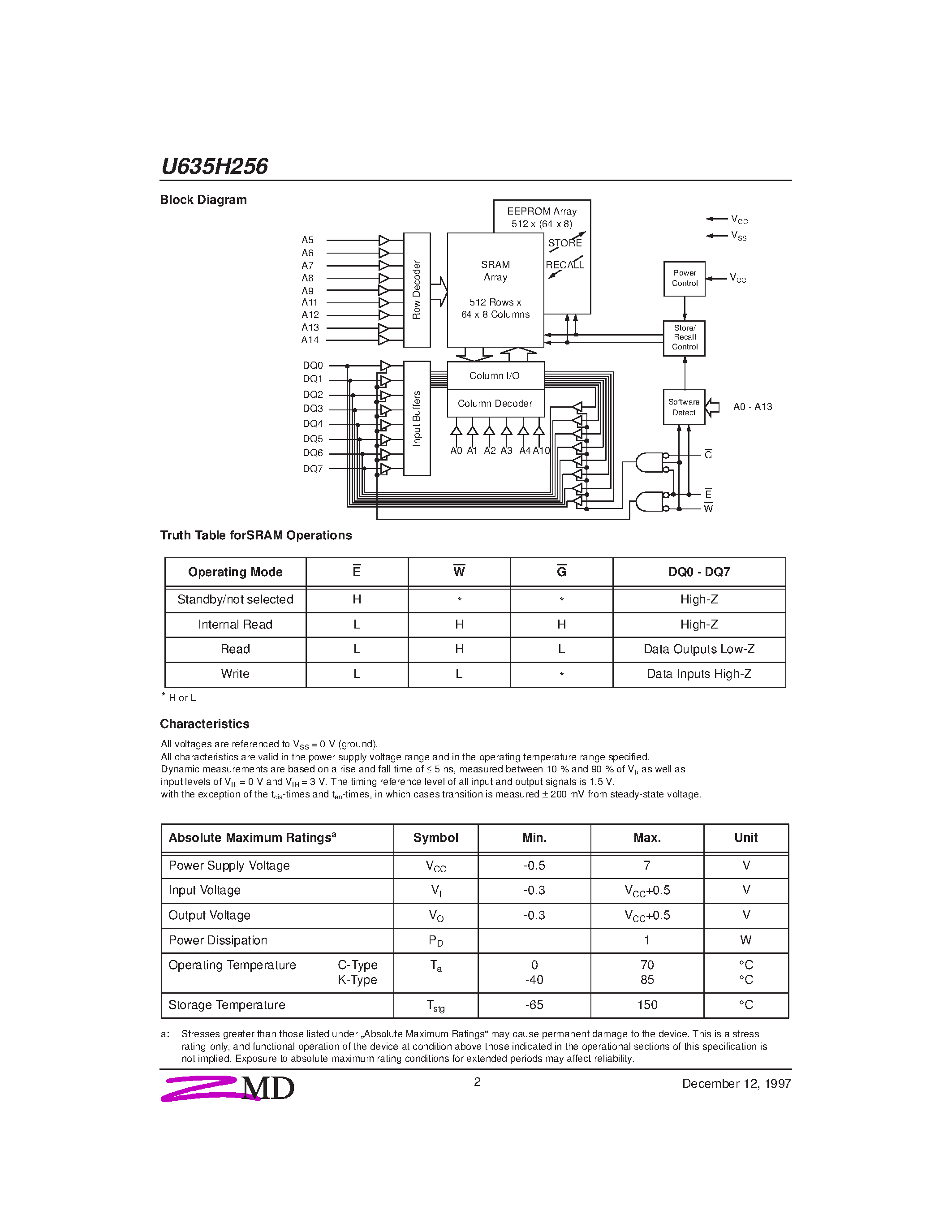 Даташит U635H256 - POWER STORE 32K X 8 NVSRAM страница 2