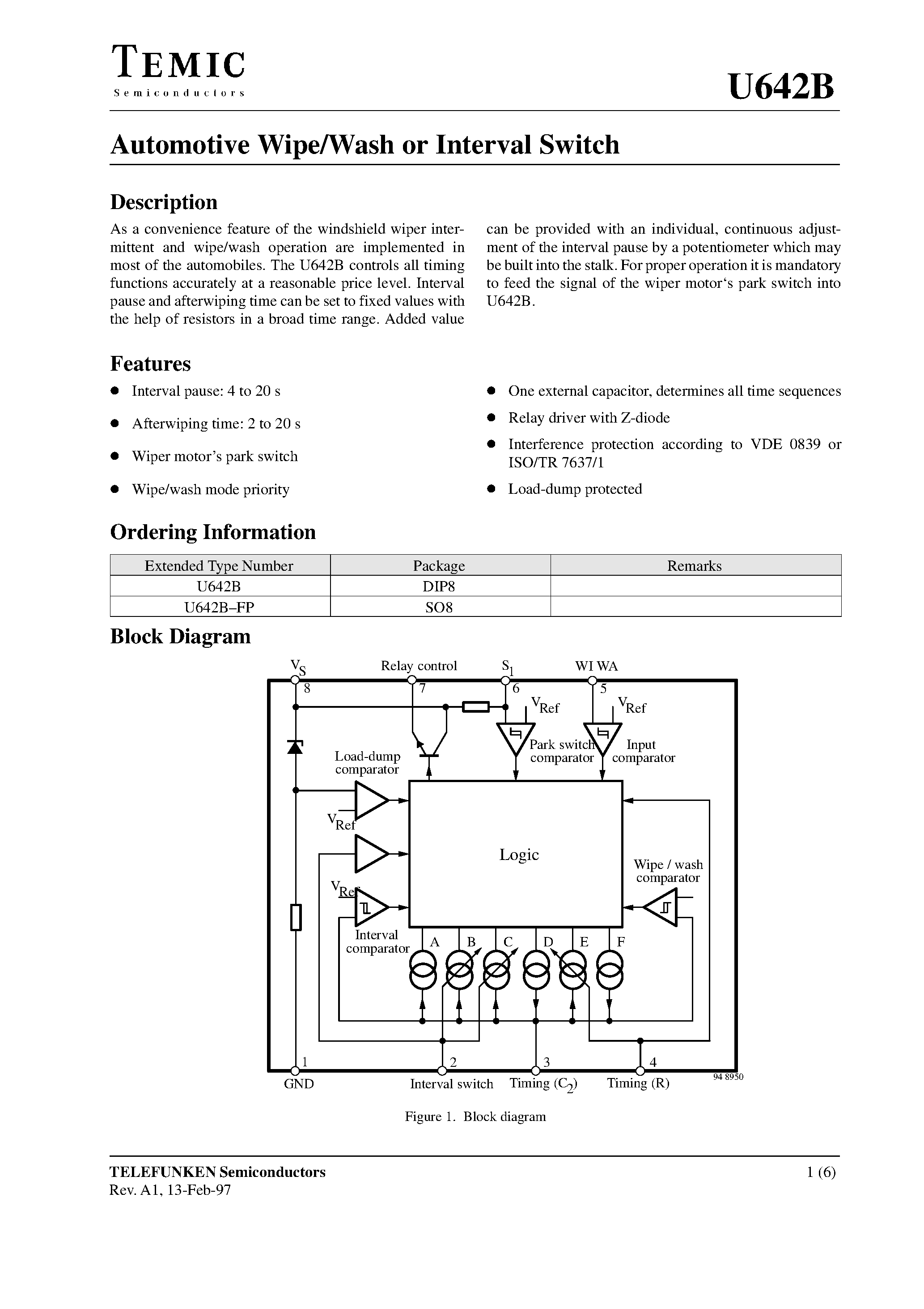Datasheet U642B page 1 Datasheet U642B - Automotive Wipe/Wash or Interval Switch page 1