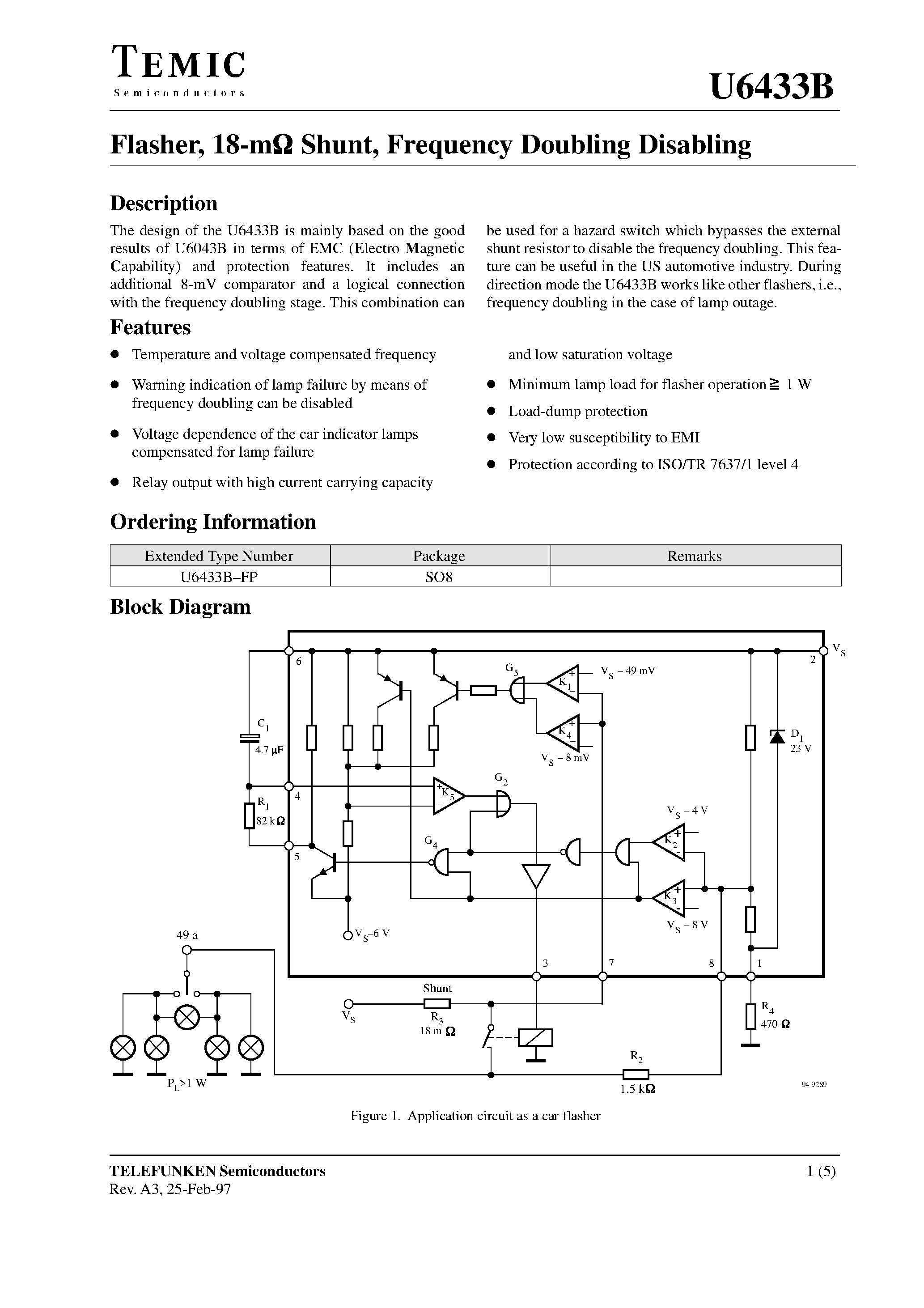Datasheet U6433B-FP page 1 Datasheet U6433B-FP - Flasher/ 18-m Shunt/ Frequency Doubling Disabling page 1
