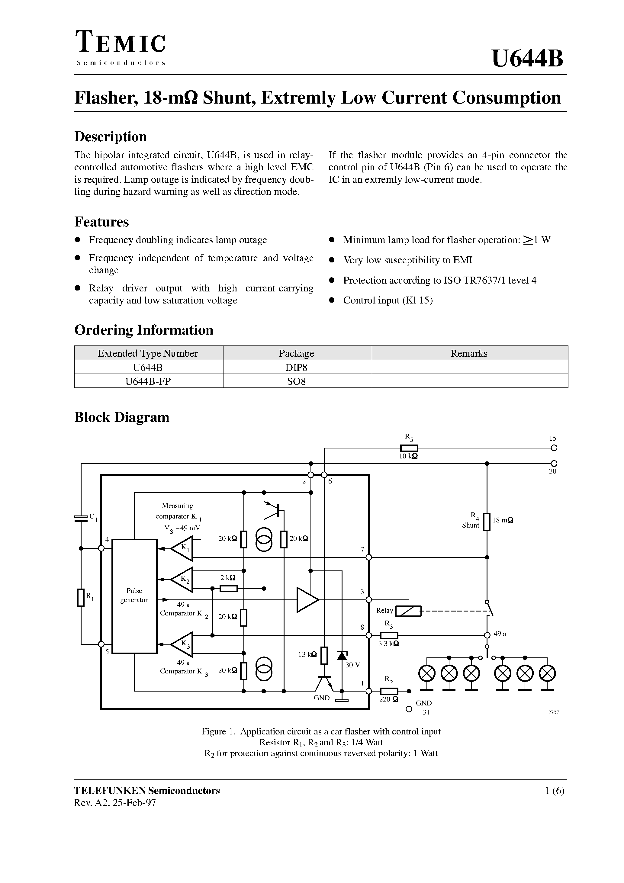 Datasheet U644B-FP - Flasher/ 18-m Shunt/ Extremly Low Current Consumption page 1