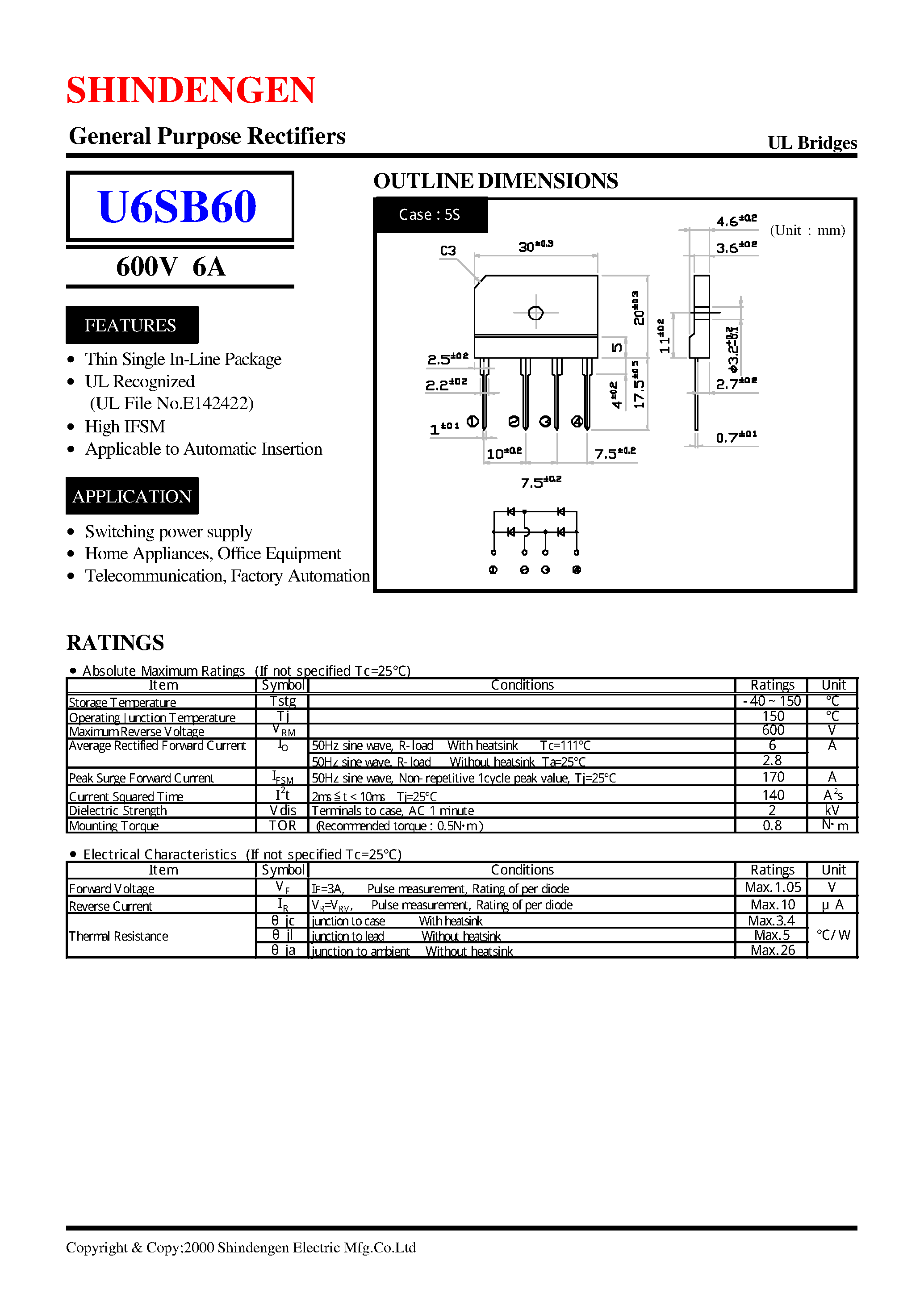 Datasheet U6SB60 - General Purpose Rectifiers(600V 6A) page 1