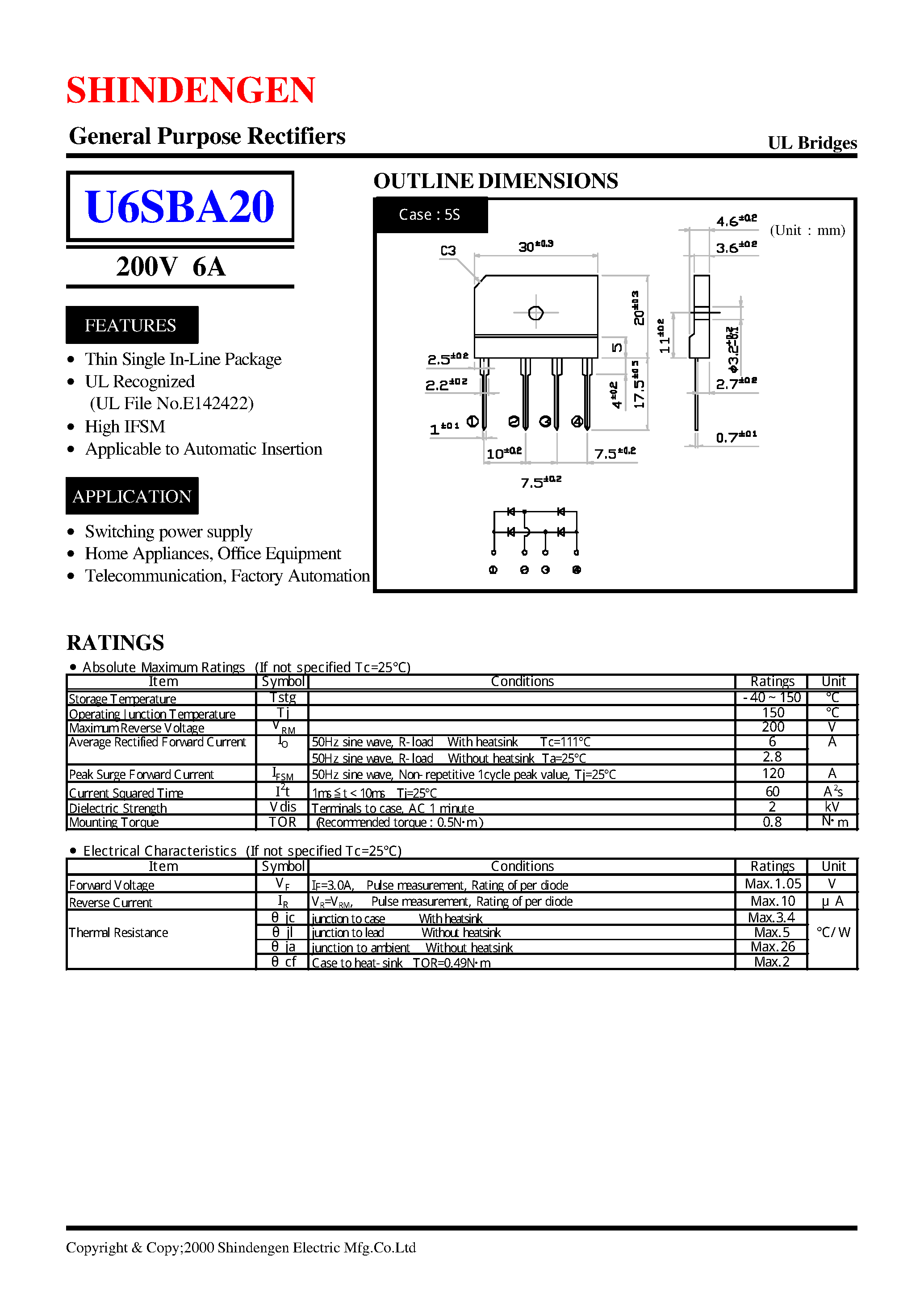 Datasheet U6SBA20 page 1 Datasheet U6SBA20 - General Purpose Rectifiers(200V 6A) page 1
