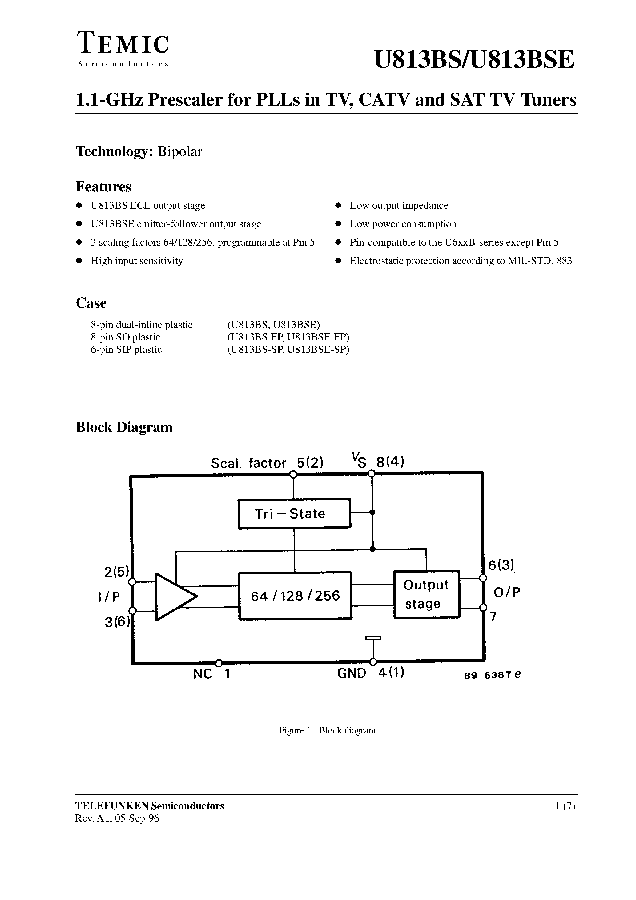 Datasheet U813 - 1.1-GHz Prescaler for PLLs in TV/ CATV and SAT TV Tuners page 1
