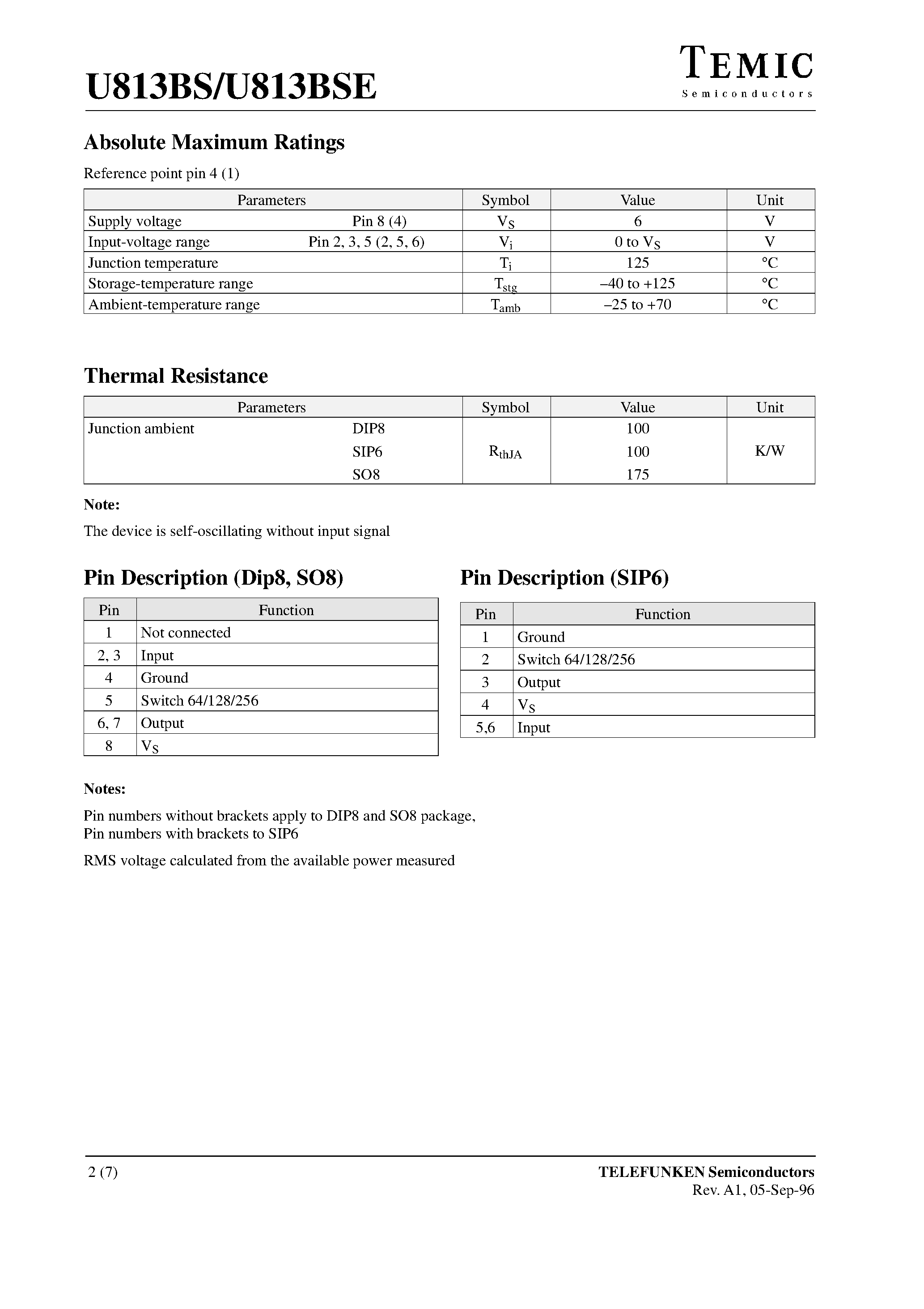 Datasheet U813BSE-FP - 1.1-GHz Prescaler for PLLs in TV/ CATV and SAT TV Tuners page 2