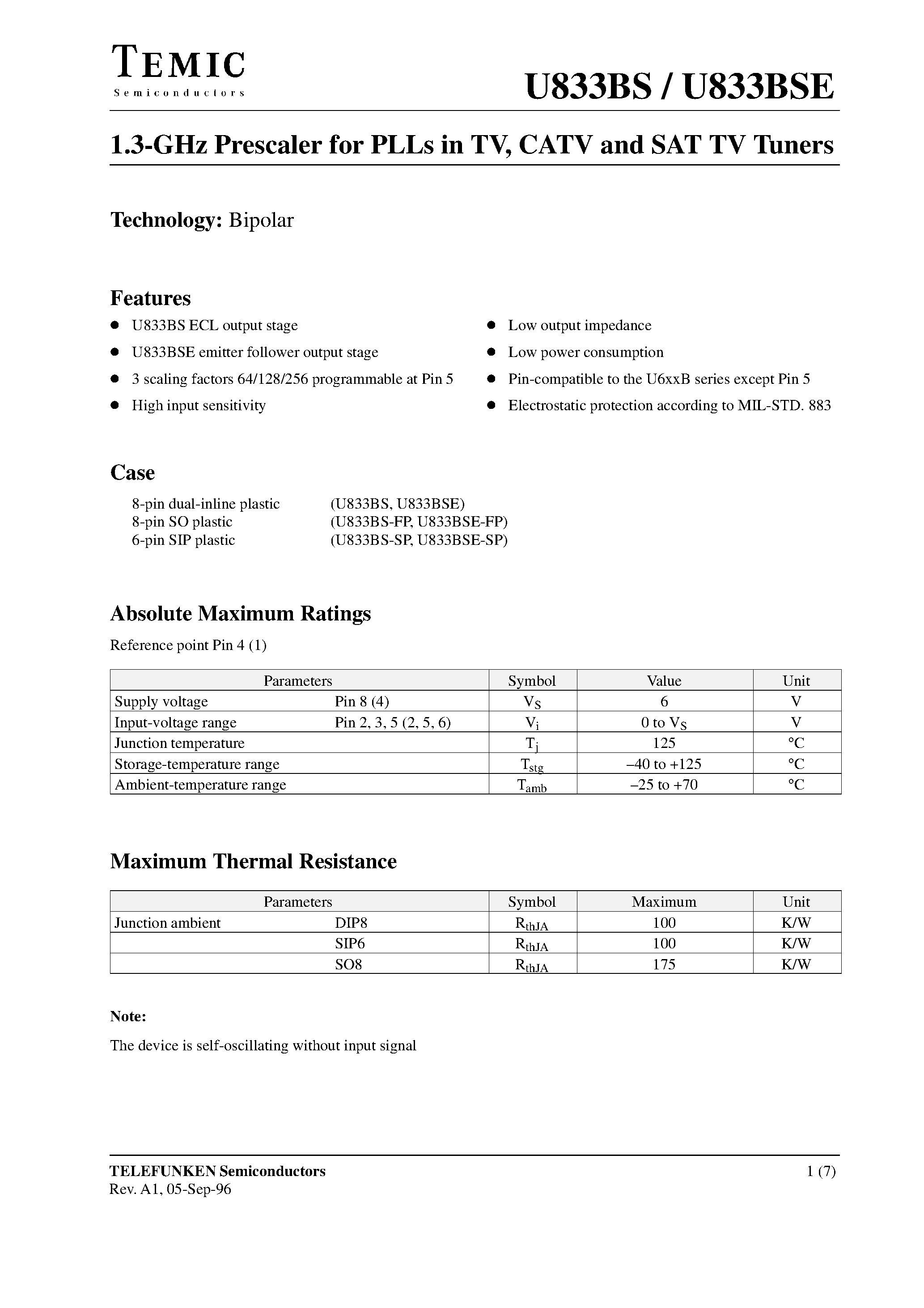 Datasheet U833BS-SP page 1 Datasheet U833BS-SP - 1.3-GHz Prescaler for PLLs in TV/ CATV and SAT TV Tuners page 1