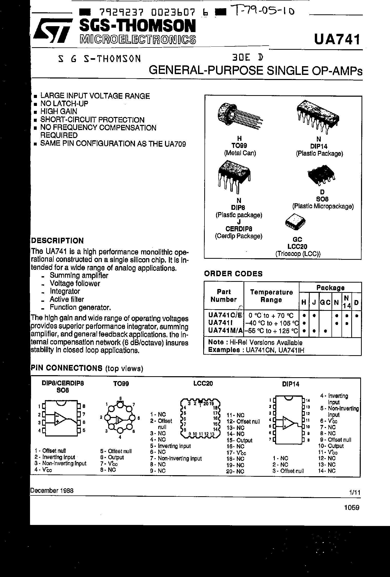 Даташит на микросхему UA741 страница 1 Даташит UA741 - GENERAL-PURPOSE SINGLE OP-AMPs страница 1
