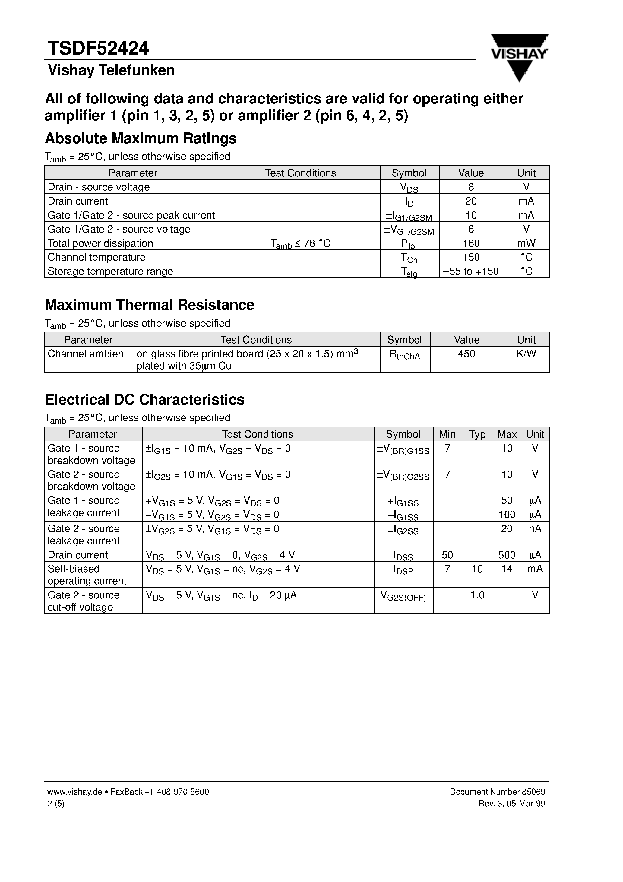 Даташит TSDF52424 - Dual - MOSMIC - two AGC Amplifiers for TV-Tuner Prestage with 5 V Supply Voltage страница 2