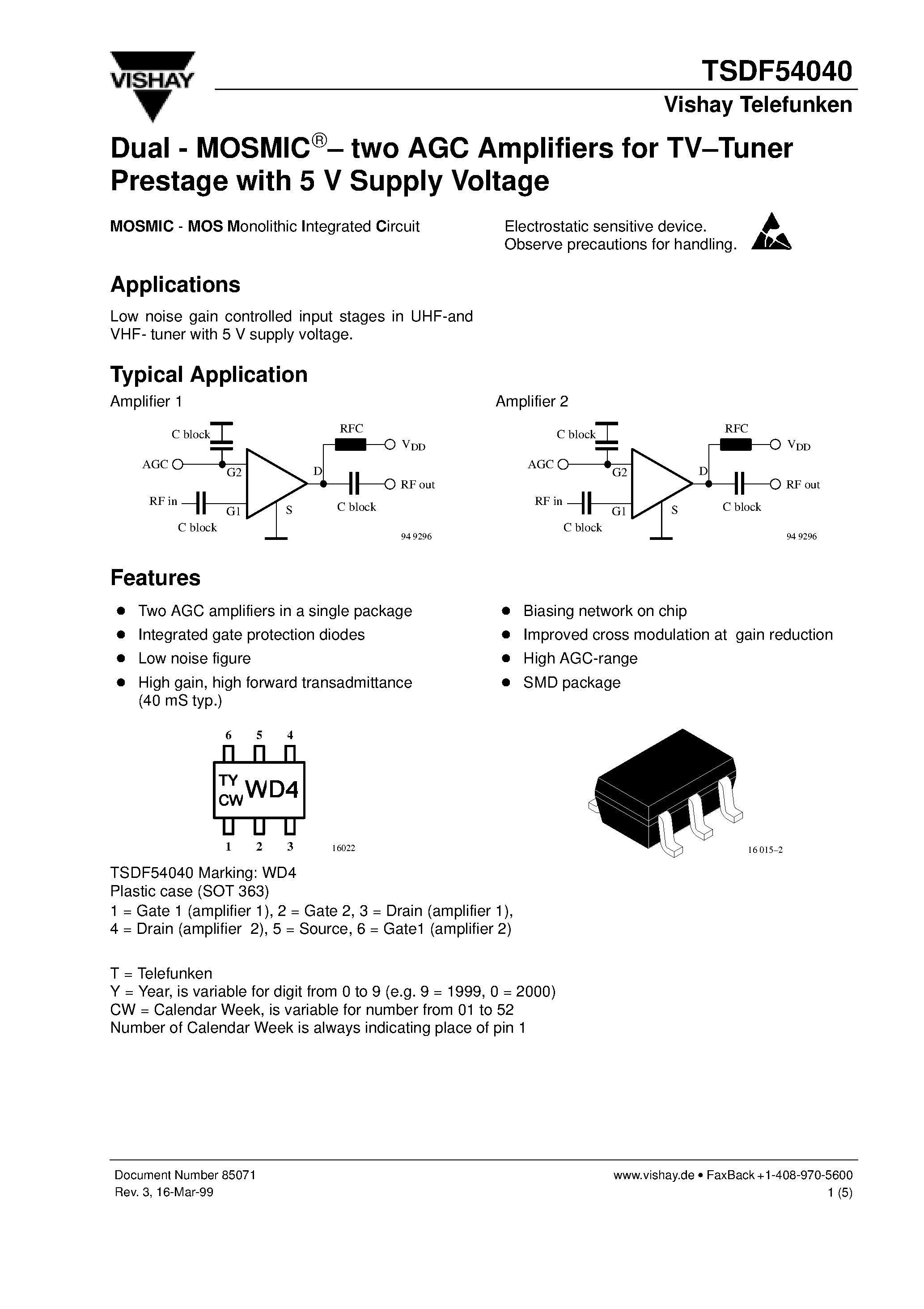 Даташит TSDF54040 - Dual - MOSMIC - two AGC Amplifiers for TV-Tuner Prestage with 5 V Supply Voltage страница 1