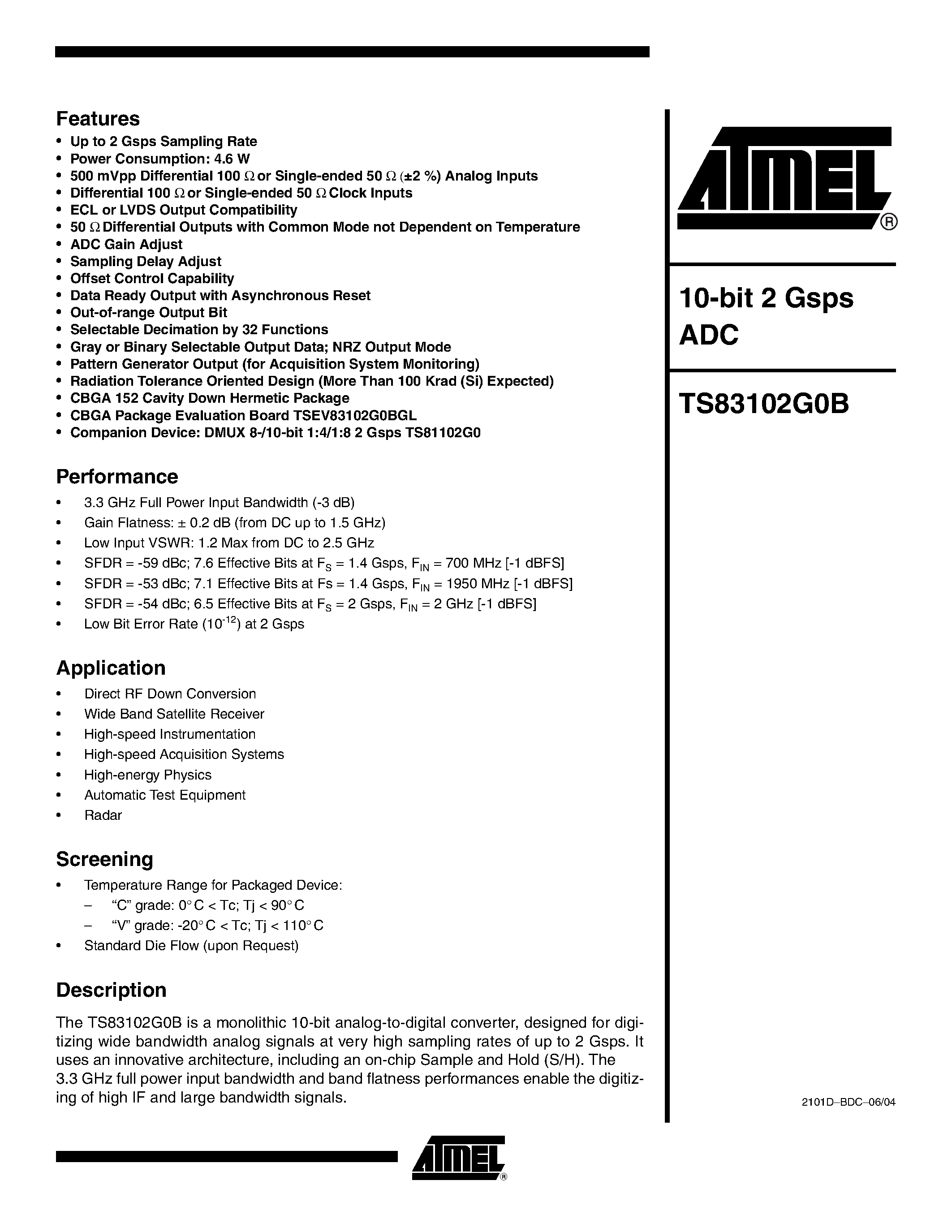 Datasheet TSEV83102G0BGL - 10-bit 2 Gsps ADC page 1