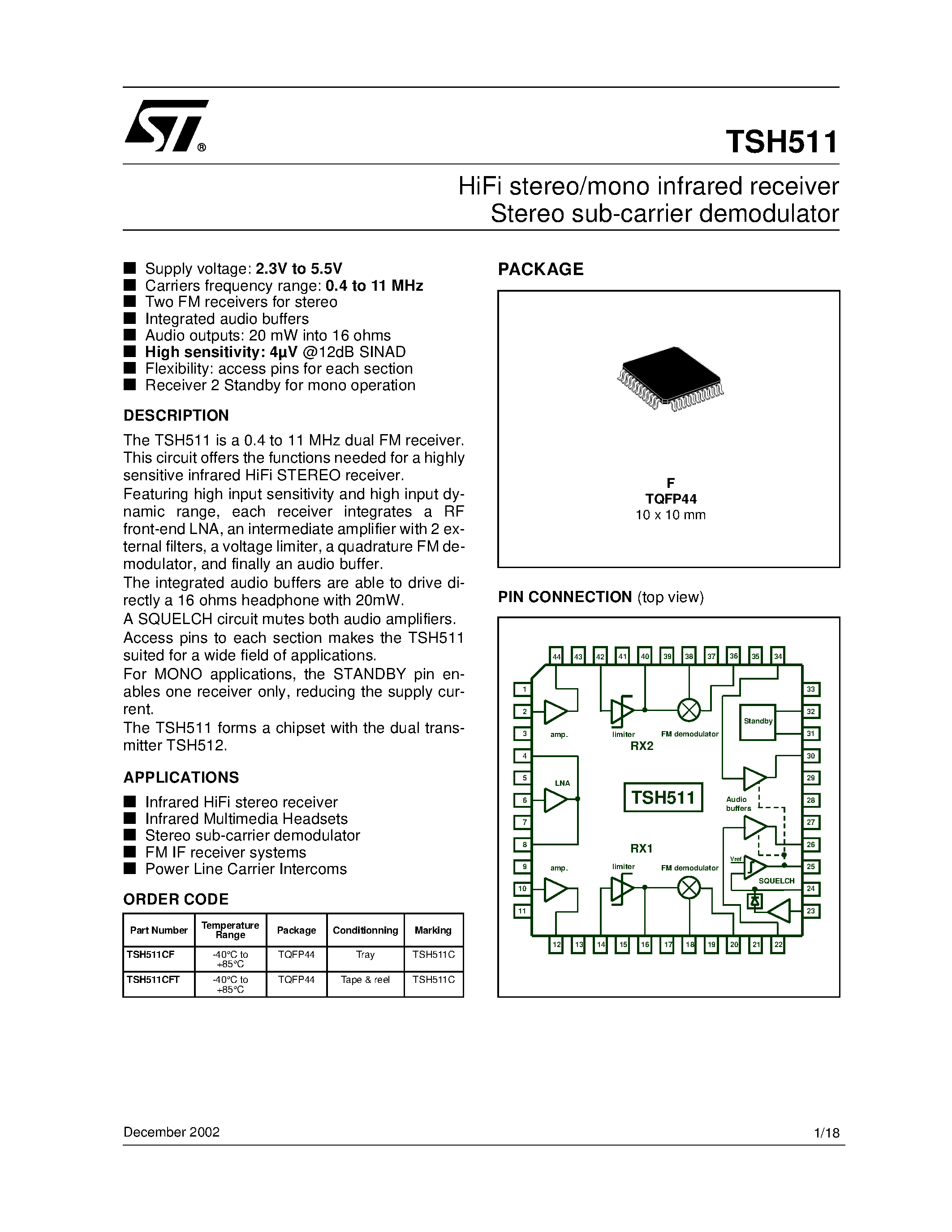 Datasheet TSH511CFT - HiFi stereo/mono infrared receiver Stereo sub-carrier demodulator page 1