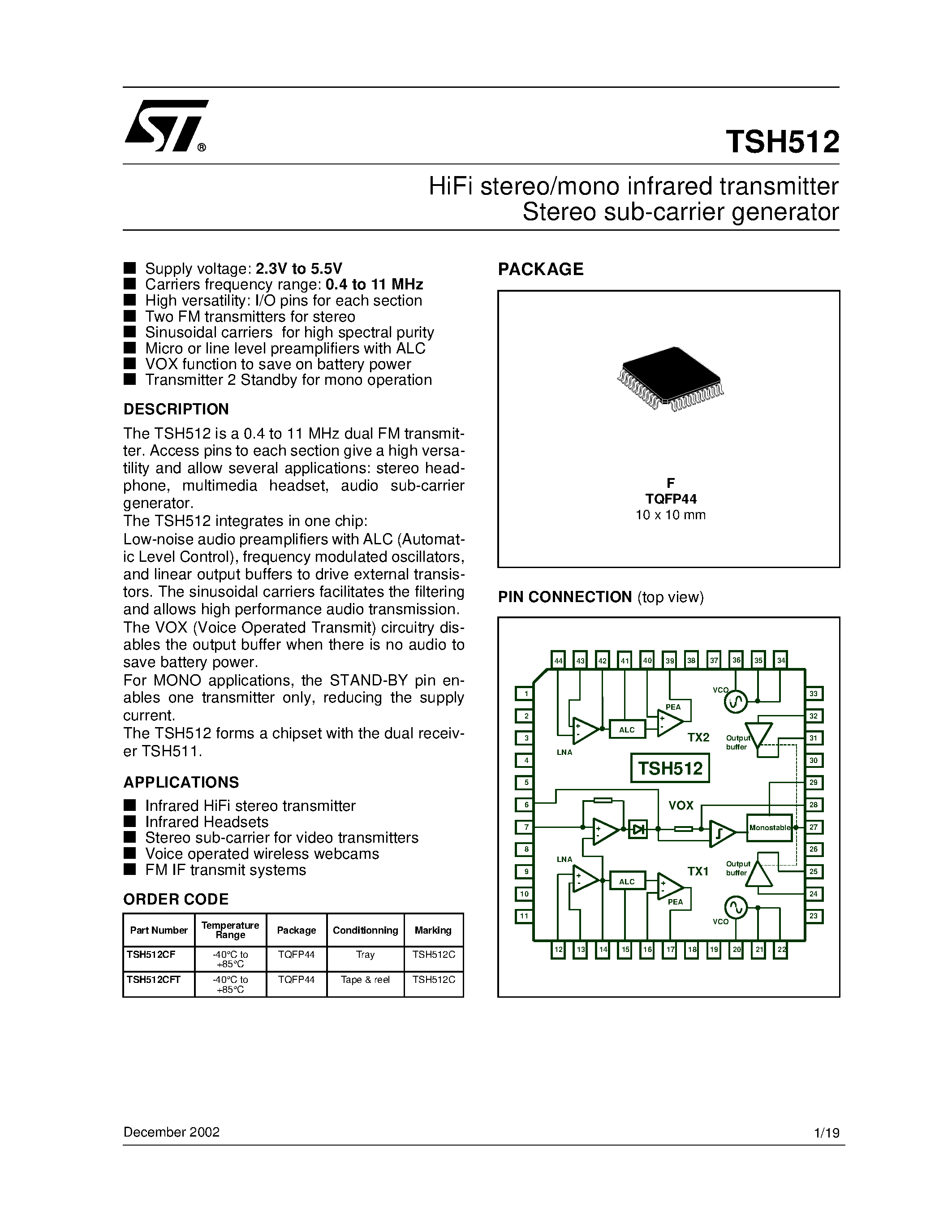 Datasheet TSH512CF - HiFi stereo/mono infrared transmitter Stereo sub-carrier generator page 1