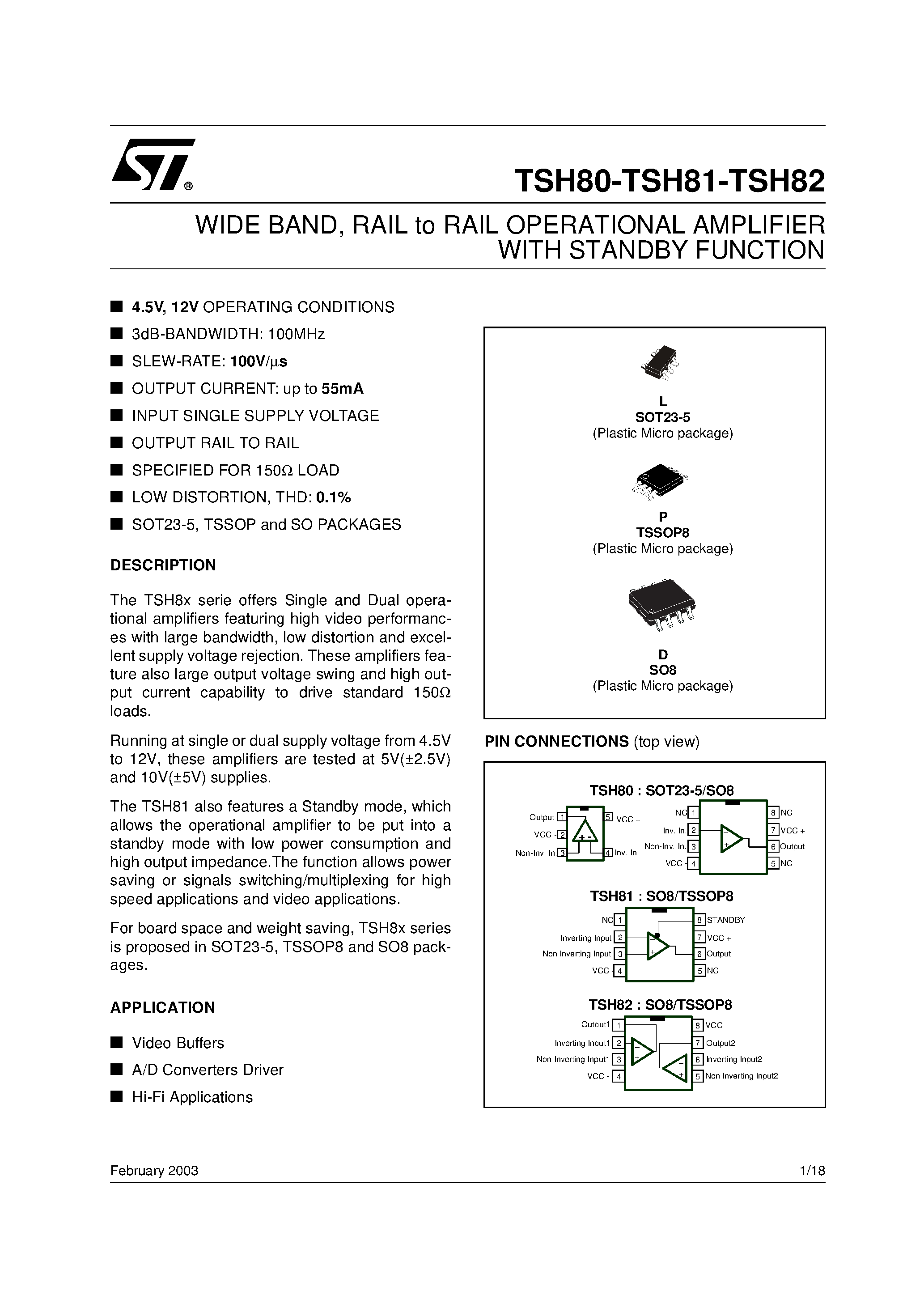 Даташит на микросхему TSH80 страница 1 Даташит TSH80 - WIDE BAND/ RAIL to RAIL OPERATIONAL AMPLIFIER WITH STANDBY FUNCTION страница 1