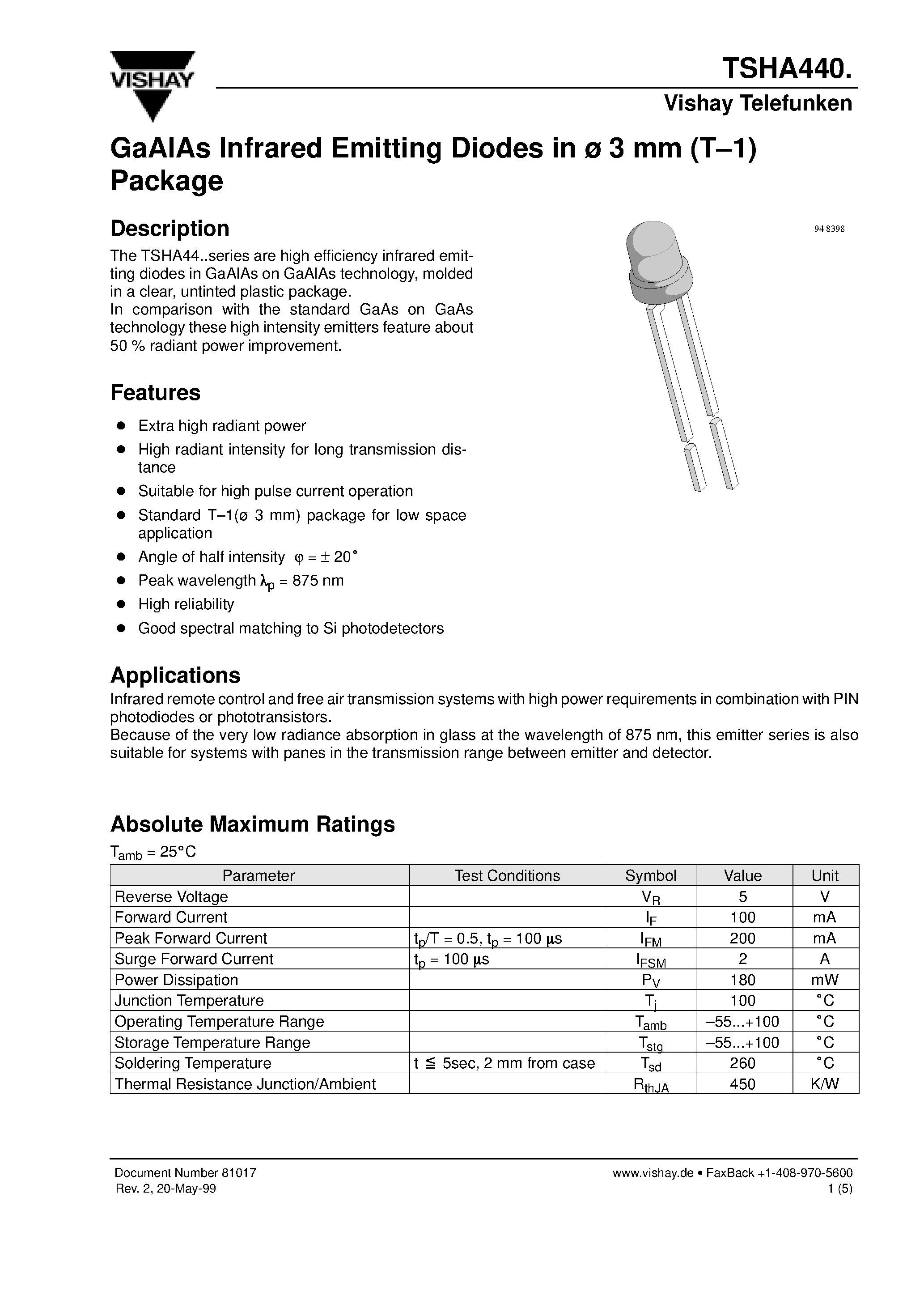 Datasheet TSHA4400 - GaAlAs Infrared Emitting Diodes in 3 mm (T-1) Package page 1