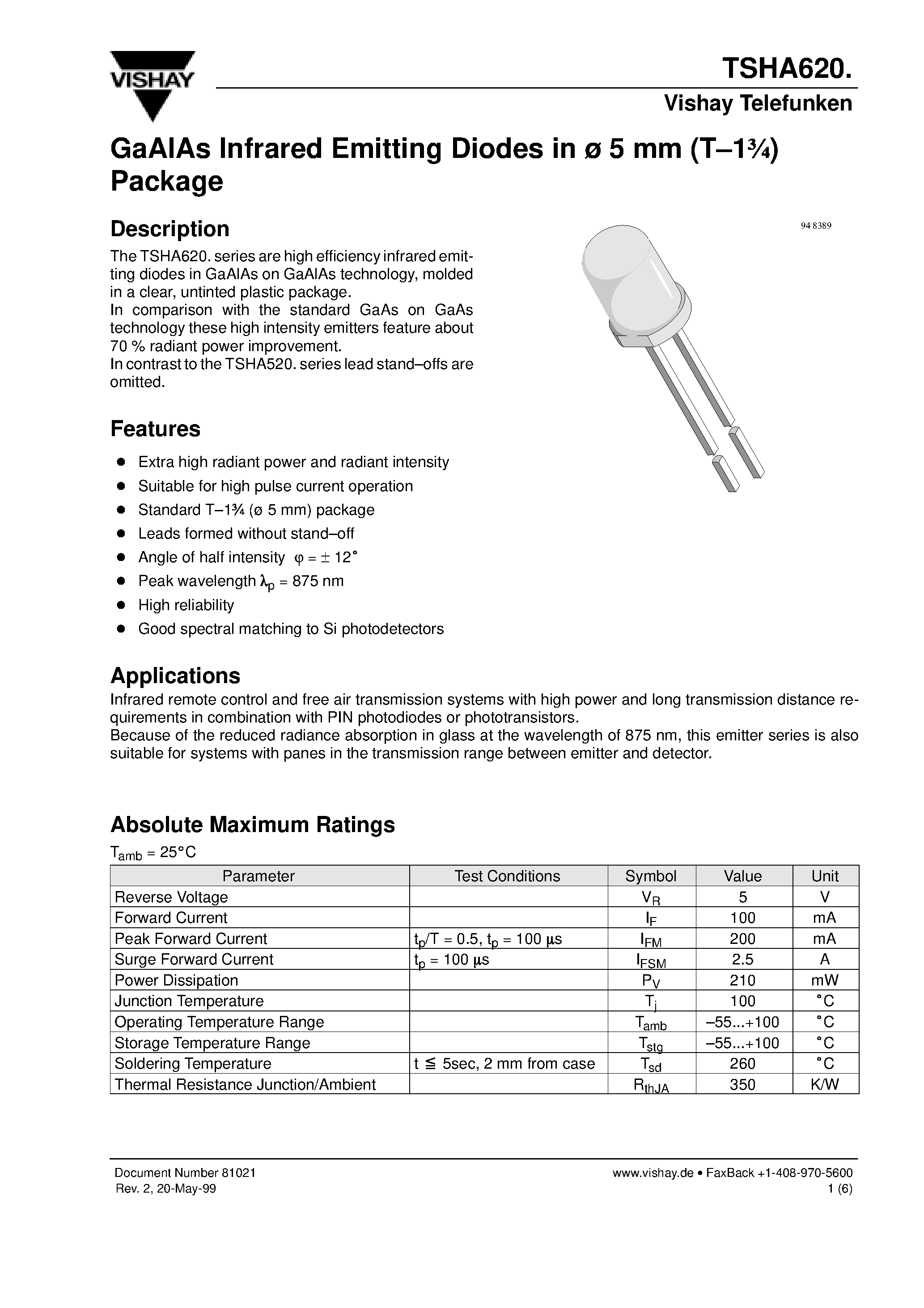 Datasheet TSHA6201 page 1 Datasheet TSHA6201 - GaAlAs Infrared Emitting Diodes in 5 mm (T-13/4) Package page 1