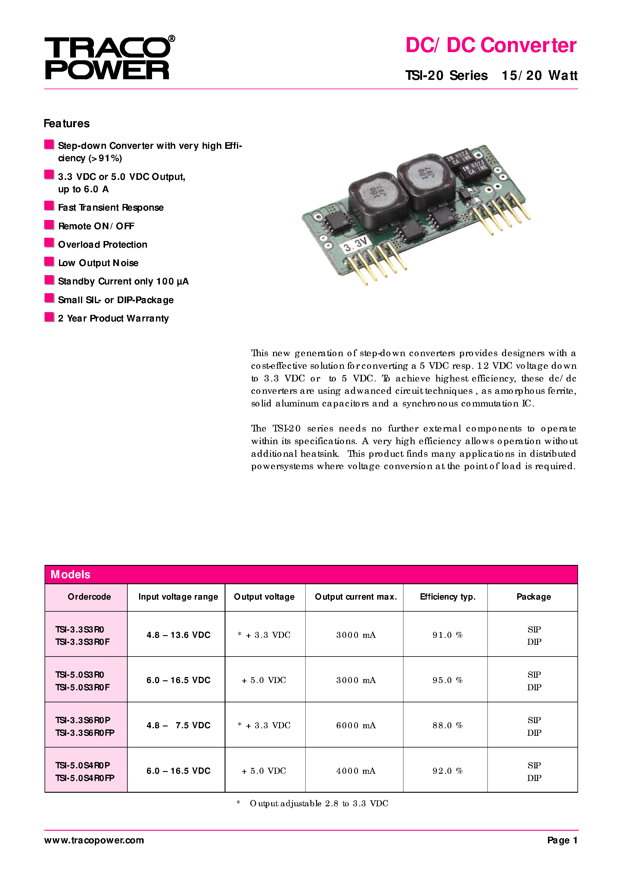 Datasheet TSI-3.3S3R0 page 1 Datasheet TSI-3.3S3R0 - DC/DC Converter page 1