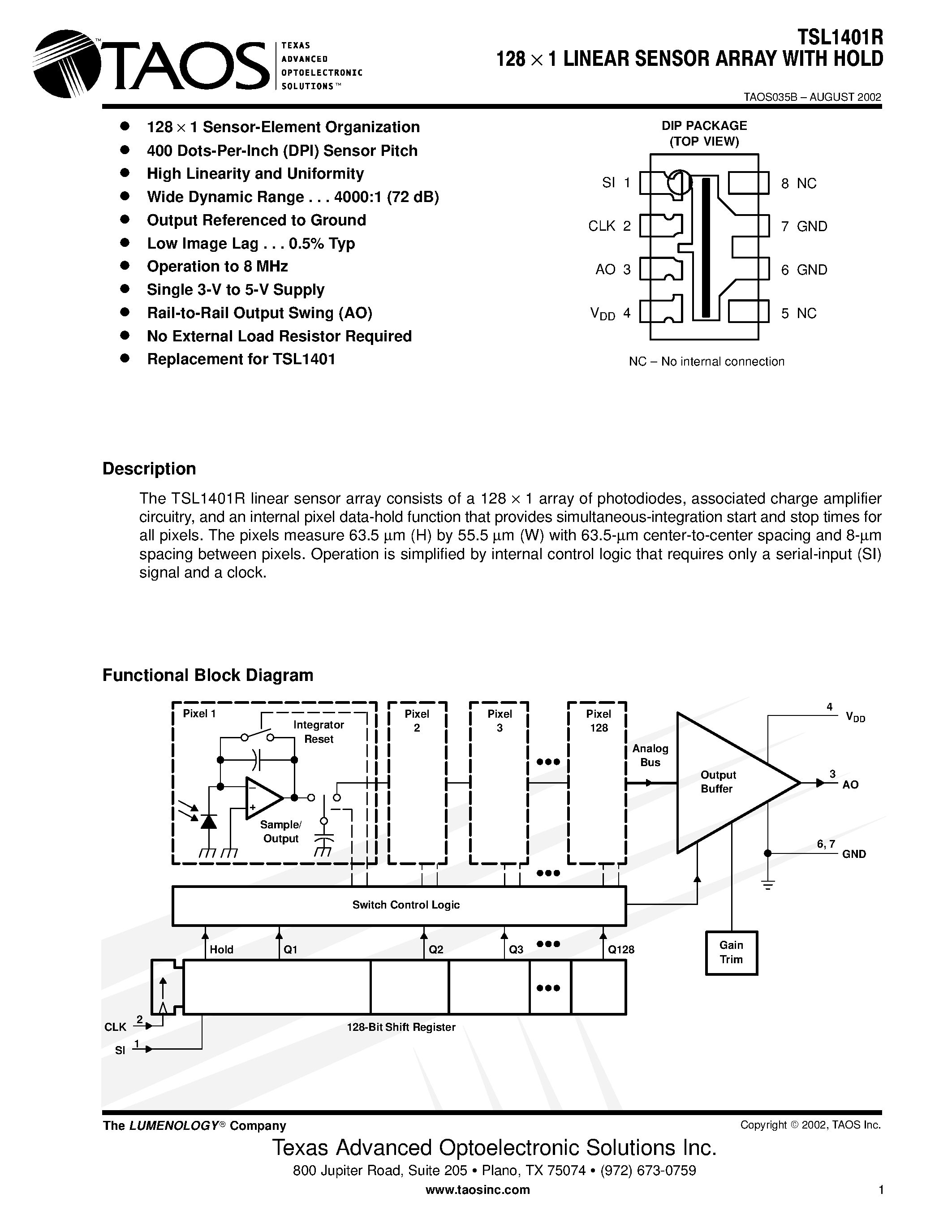Datasheet TSL1401R - 128 1 LINEAR SENSOR ARRAY WITH HOLD page 1